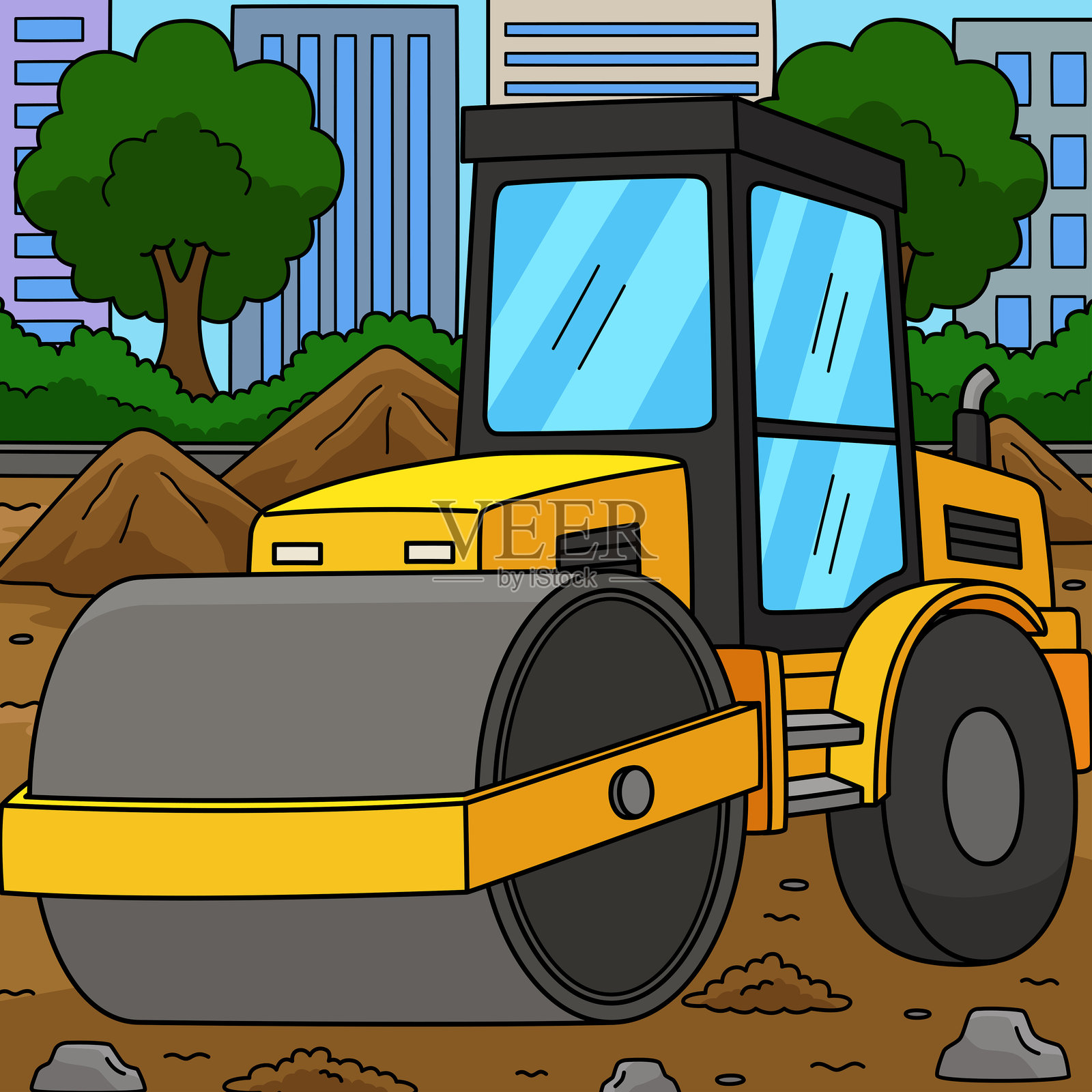 彩色卡通建筑路面压路机插画图片素材