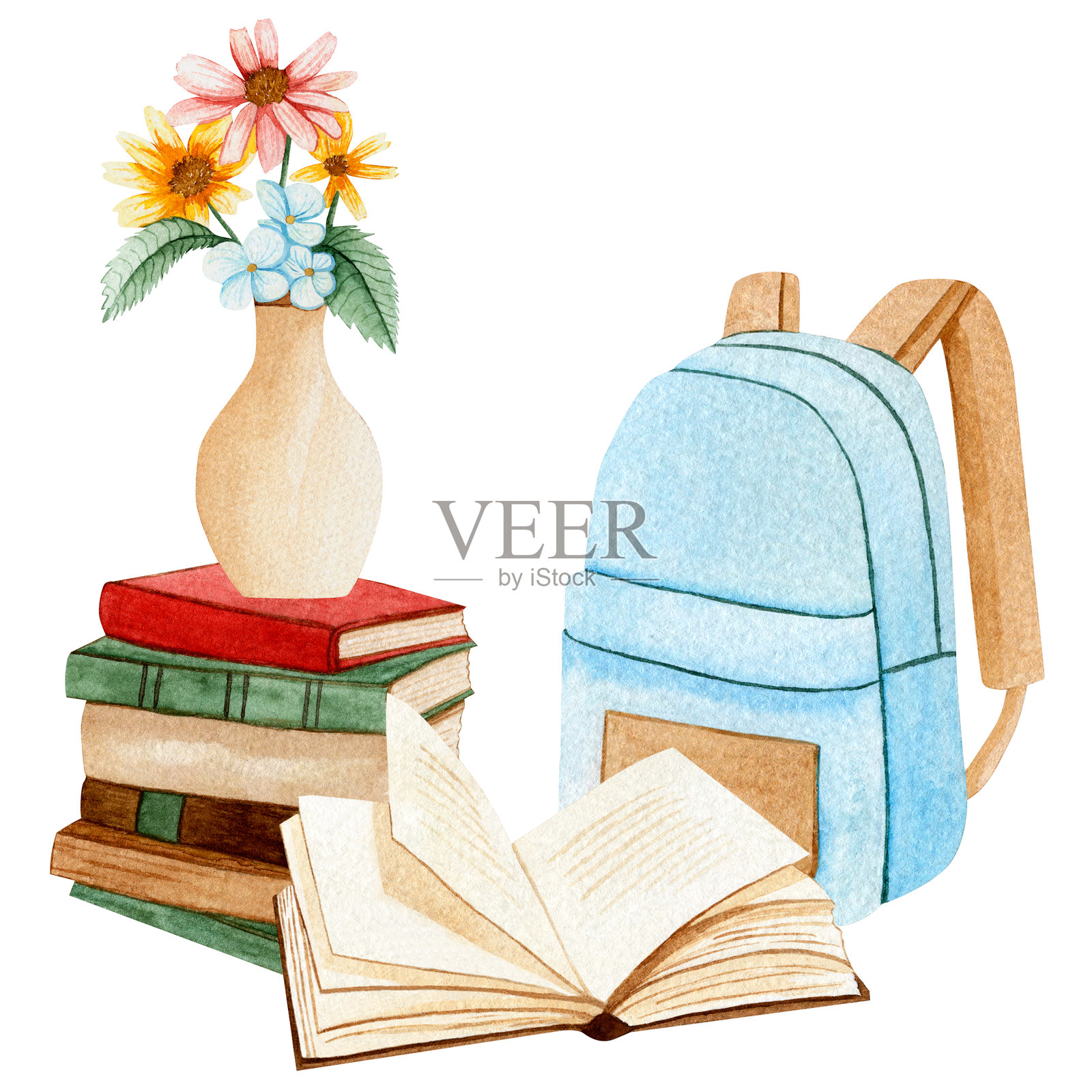 水彩学校插图，前景中有一堆书籍、一个花瓶、一只背包和一本打开的书。非常适合教育、返校或课堂主题的设计。插画图片素材