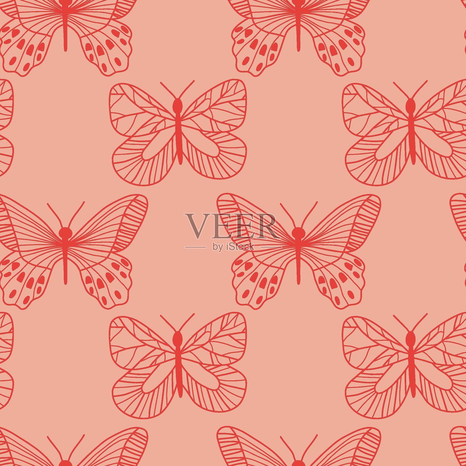 简约红色蝴蝶在粉色背景上的无缝图案插画图片素材