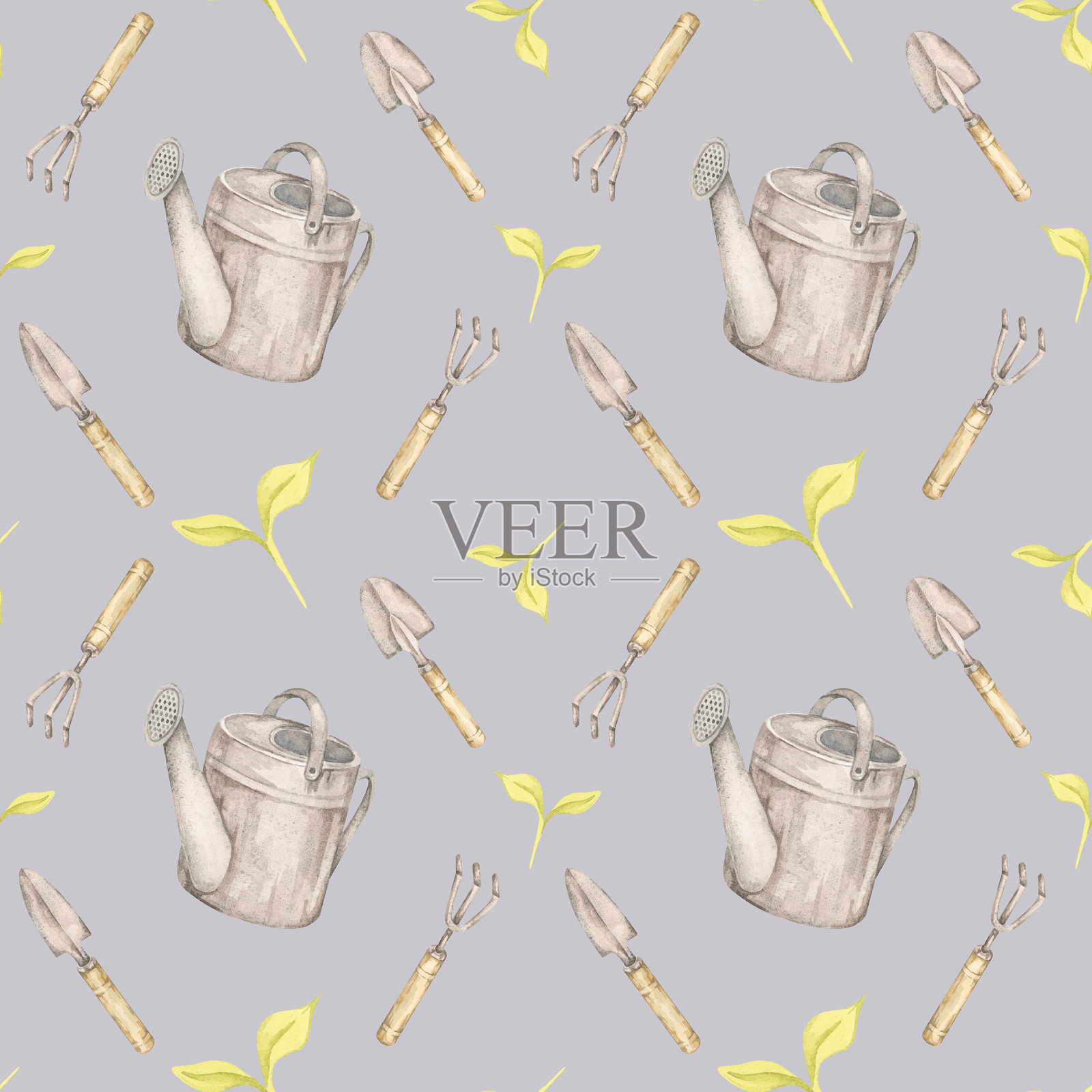 浇水壶、园艺叉和幼苗在浅灰色背景上。水彩园艺工具和幼苗的剪贴画设计形成无缝图案。插画图片素材