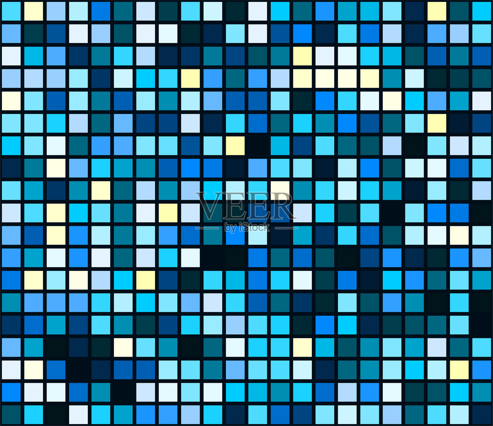 多样蓝色方块的抽象马赛克。像素化风格。非常适合科技、数据或现代设计项目。一个多用途的色彩丰富的背景元素。插画图片素材
