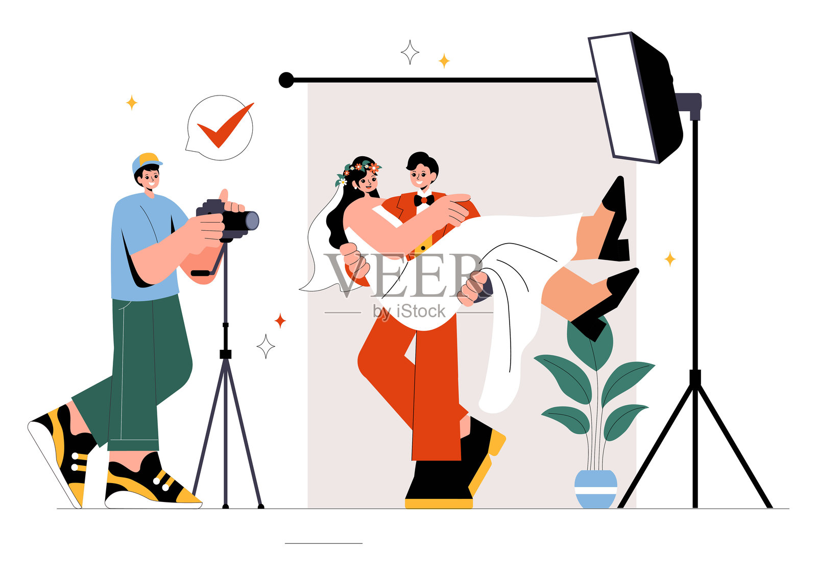 婚礼摄影服务矢量插图，展示新娘和新郎为摄影师拍摄的重要时刻而摆姿势。插画图片素材