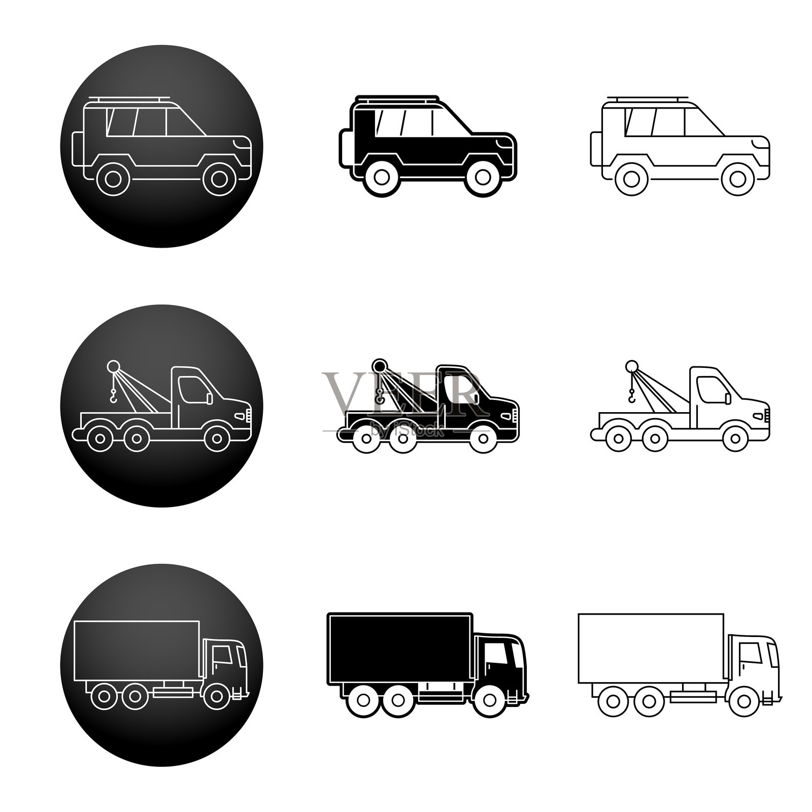 SUV汽车、拖车和卡车的三种风格线条图标。插画图片素材