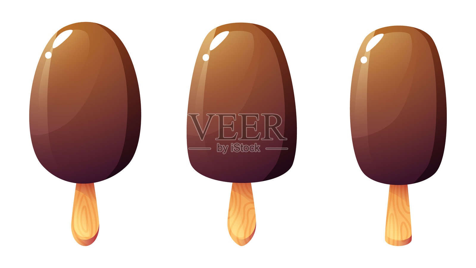 木棍冰淇淋，冰棒，普朗比尔。涂有黑巧克力的冰淇淋组合，形状各异。巧克力夏季甜点。夏季主题设计。插画图片素材