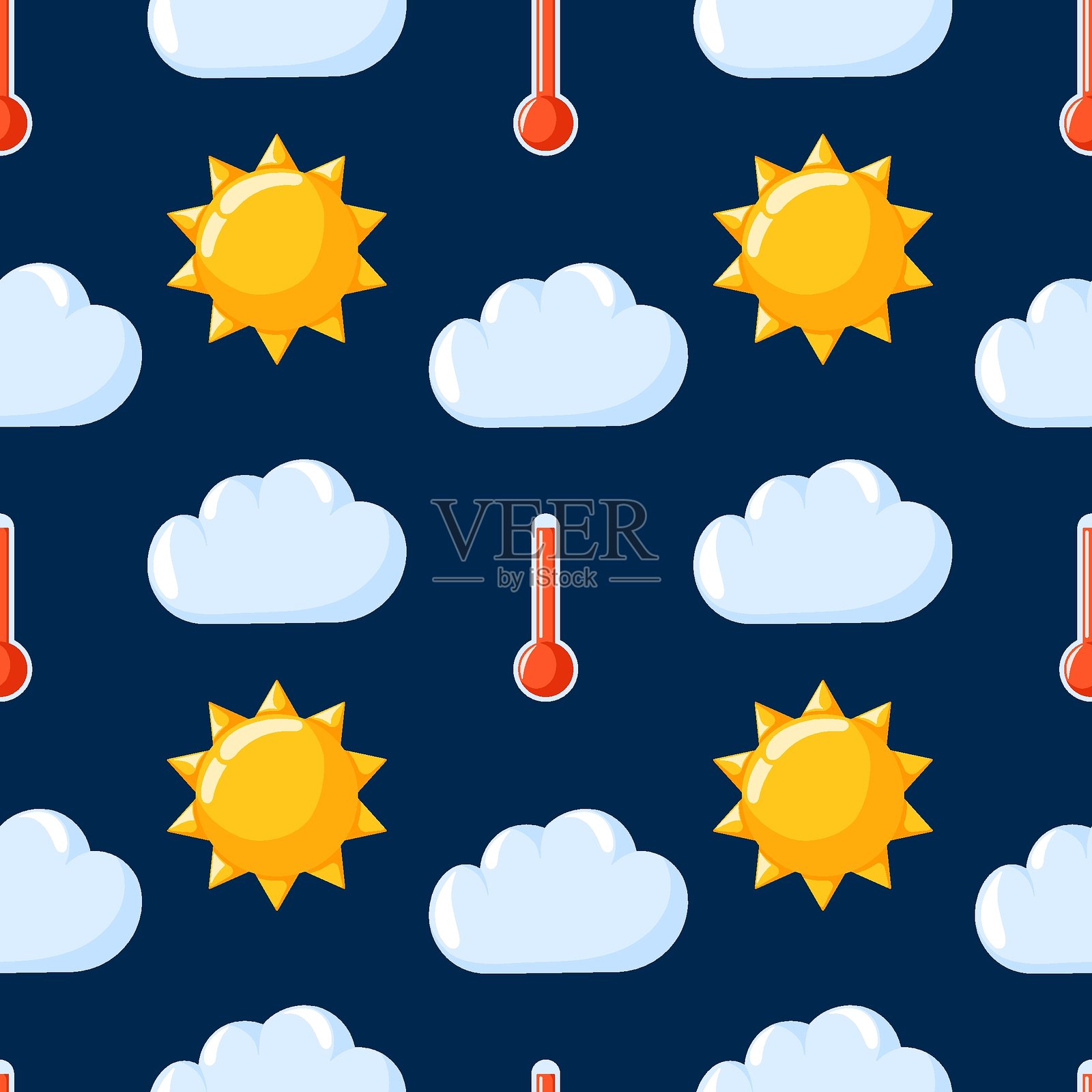 卡通风格的云朵、太阳和温度计无缝图案。手绘天气和天气预报背景。适用于幼儿园墙纸和包装设计。插画图片素材