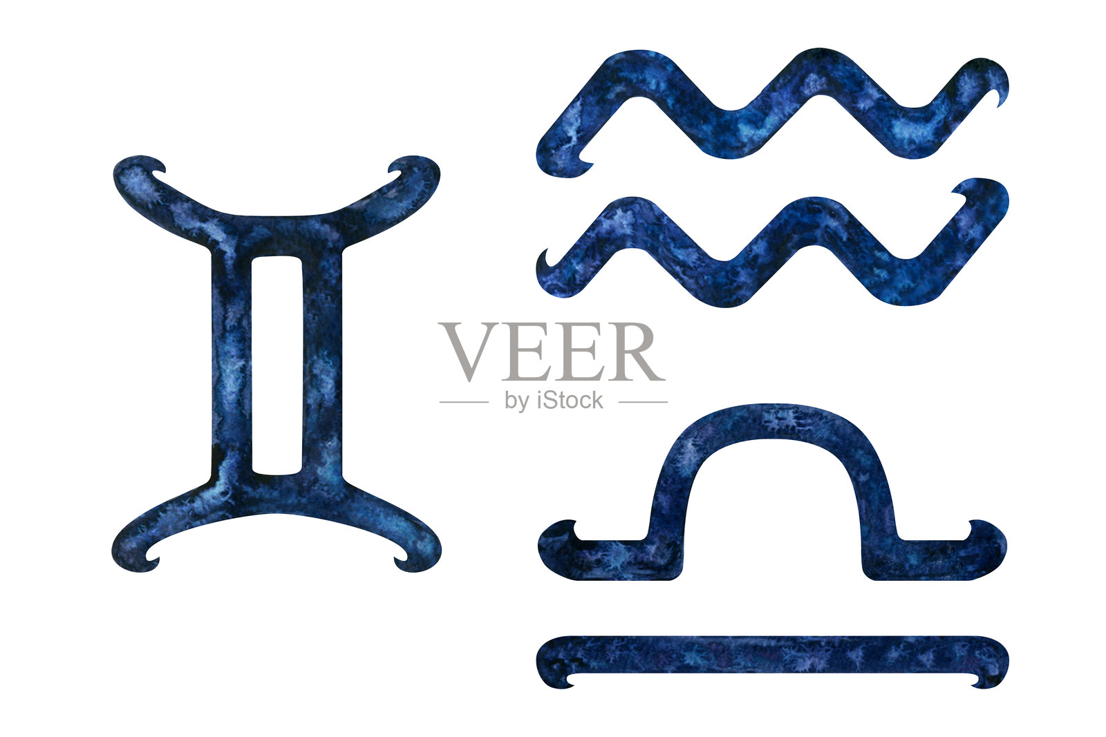 深蓝色的空气元素星座：双子座、天秤座、水瓶座。水彩风格的占星符号模板，独立于白色背景，适用于星座、占星术、灵性和出生图表。插画图片素材
