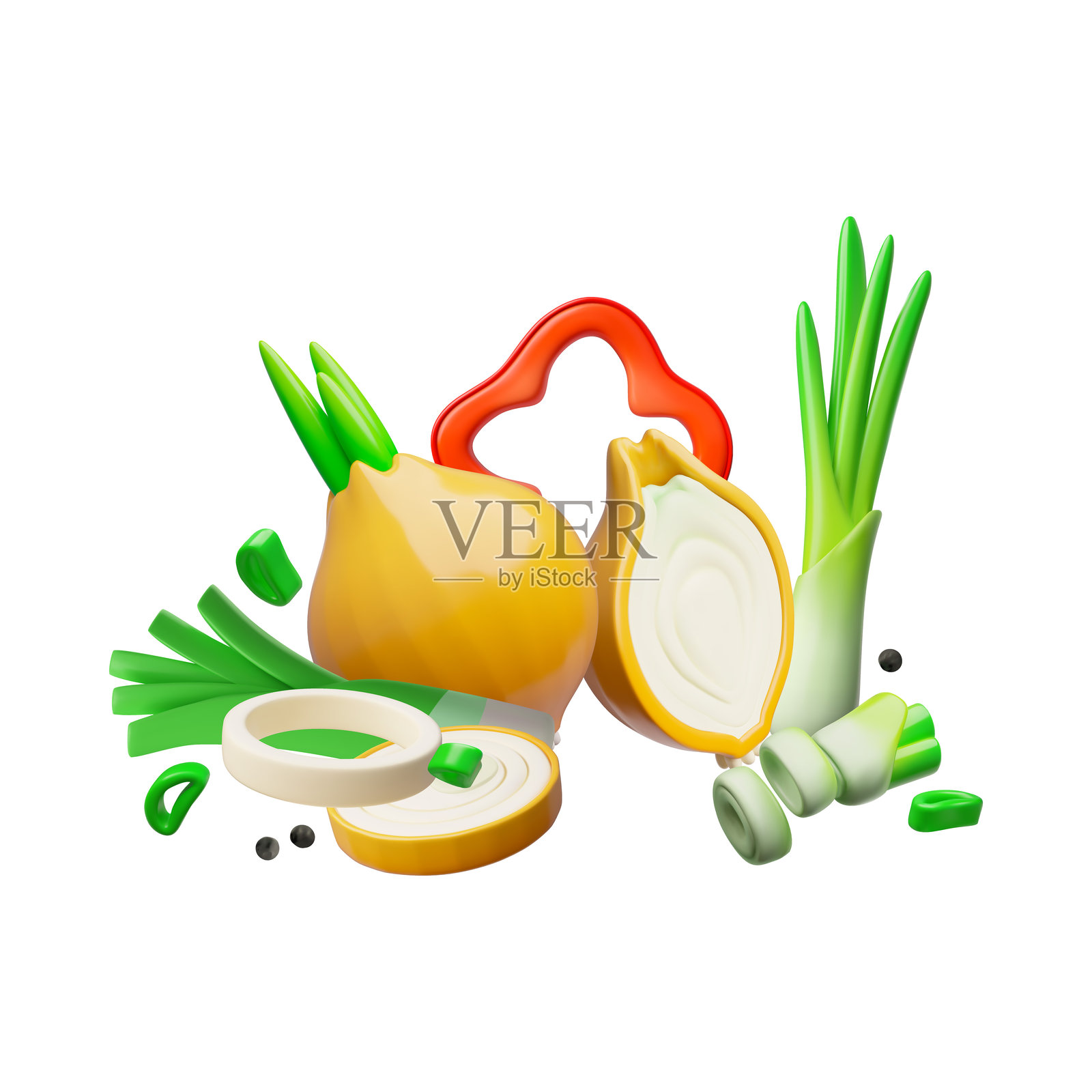 成熟的蔬菜与绿色植物的3D矢量设计，洋葱和辣椒切片，自然健康的植物食品，调味成分插画图片素材