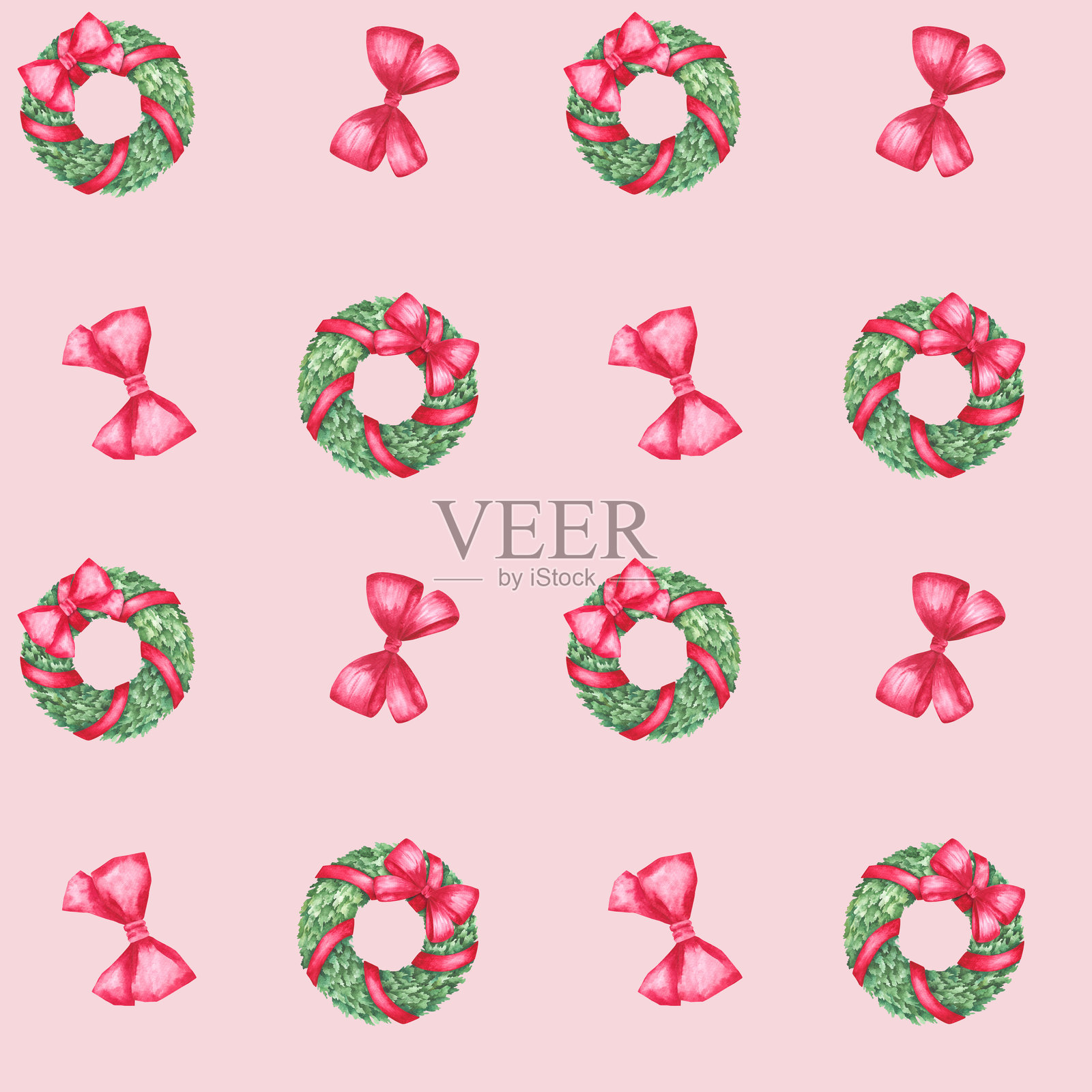 手绘水彩插图的圣诞花环图案。插画图片素材