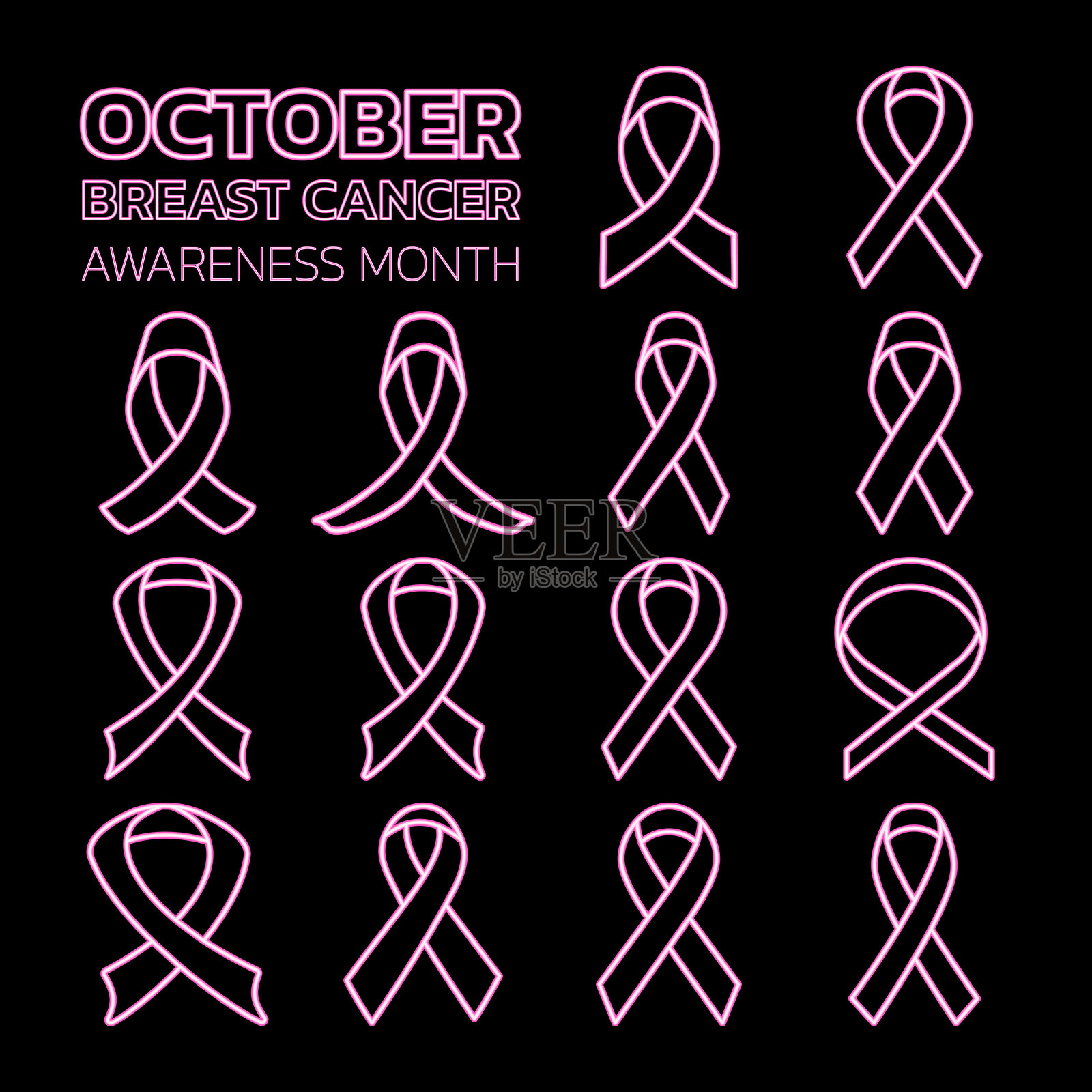 粉色丝带霓虹灯。霓虹粉色丝带。粉色丝带线条霓虹灯。粉色丝带霓虹标志图标。粉色丝带霓虹图标。粉色丝带霓虹插图。插画图片素材