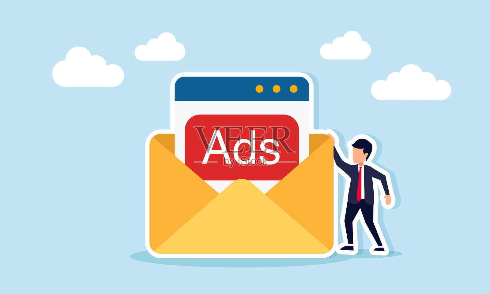 商人站在一个装有申请文件的信封旁边，展示关于商业广告的电子邮件广播横幅广告插图插画图片素材