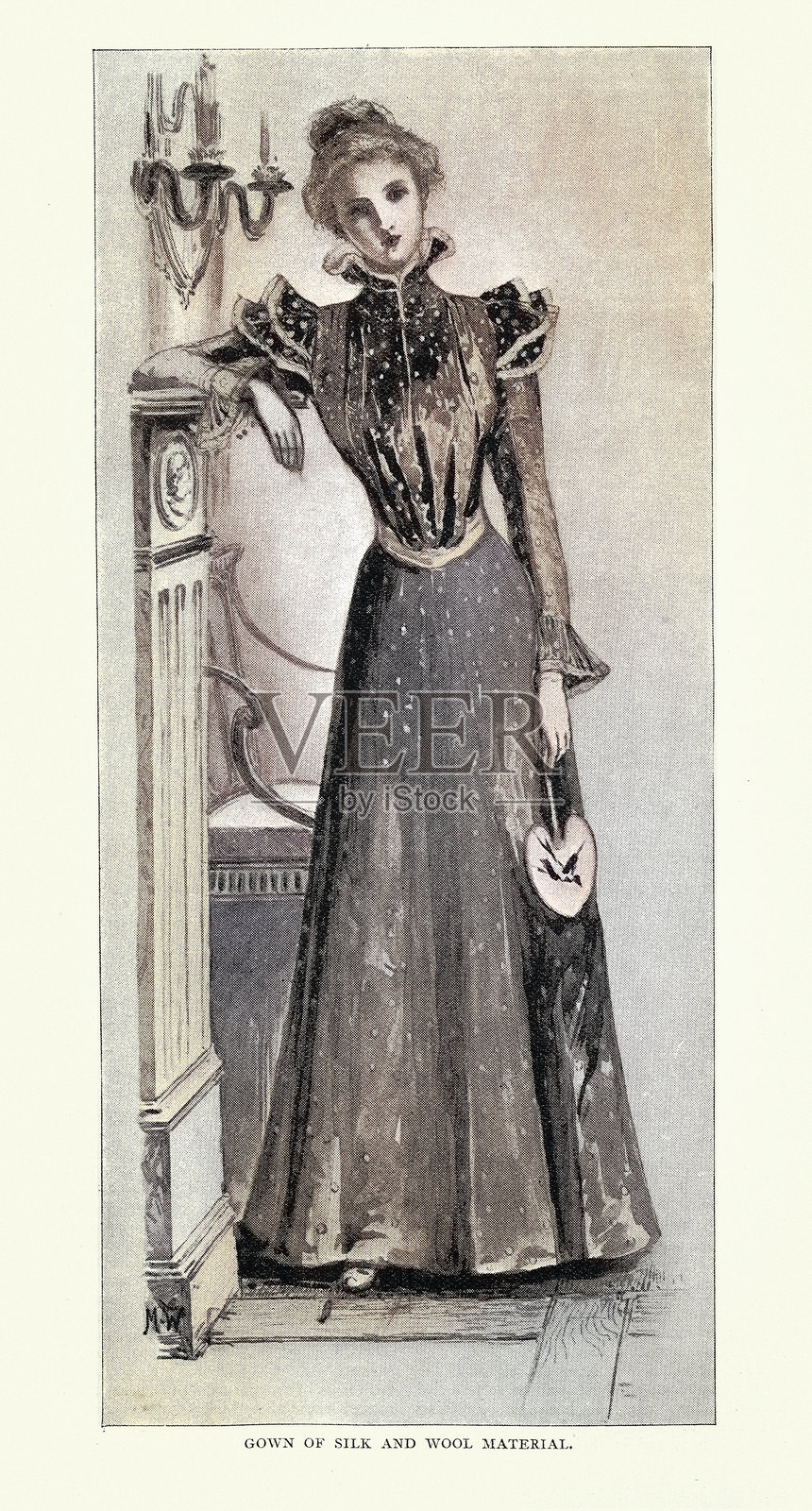 1890年代女性时尚史，丝绸与羊毛制成的长裙，19世纪风格，时期服装插画图片素材