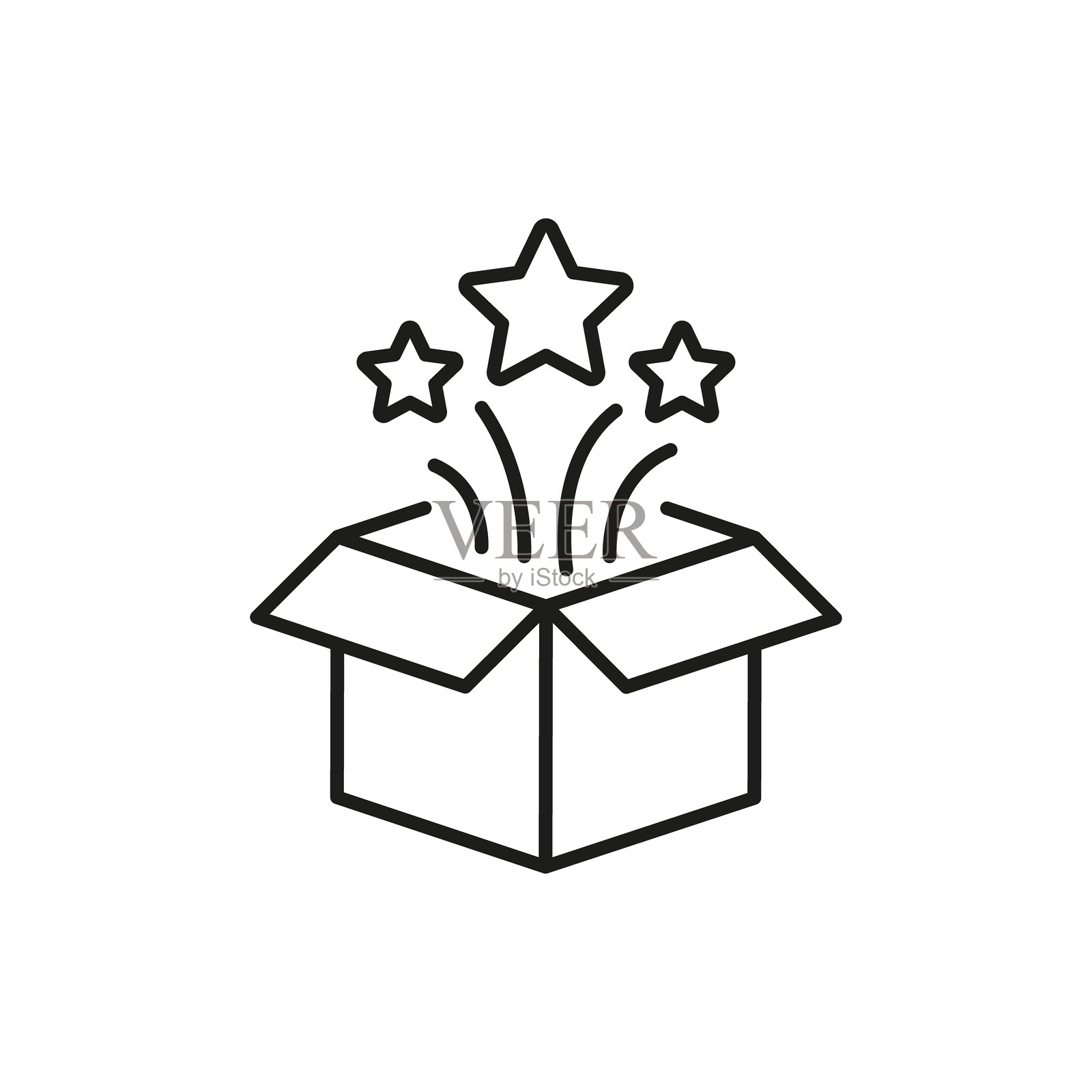 带星星的打开盒子线条图标。惊喜、创造力和创新的轮廓符号。开箱体验与兴奋。可编辑的线条。孤立的矢量插图。插画图片素材