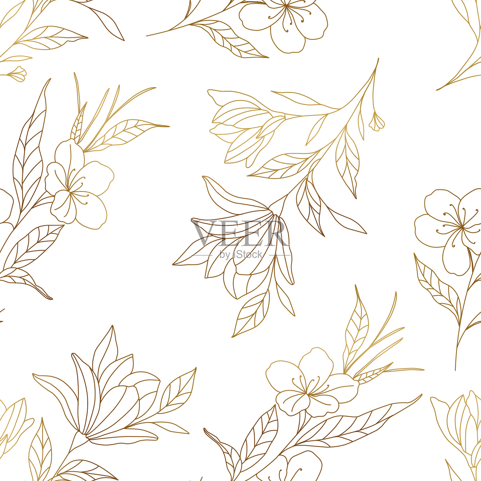 复古奢华的无缝花卉背景，金色百合花。浪漫的图案模板，适用于墙面装饰、壁纸、婚礼请柬、仪式和卡片。插画图片素材