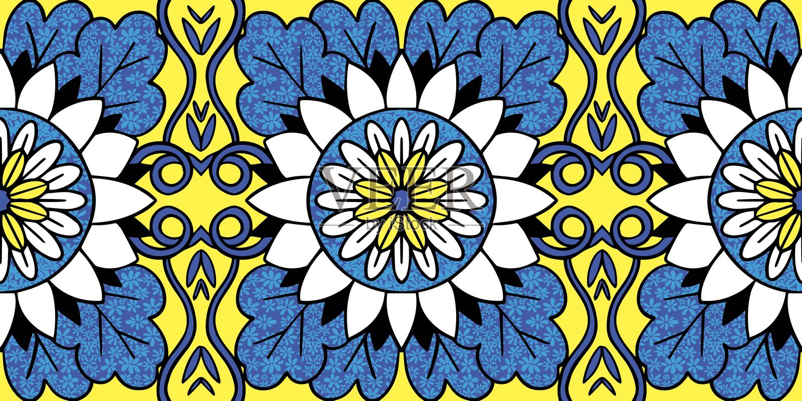 蓝色植物花卉在黄色背景上。非洲蜡印插画图片素材