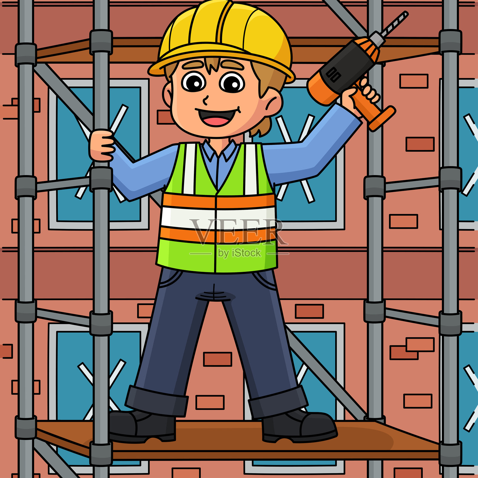 在彩色脚手架上的建筑工人插画图片素材