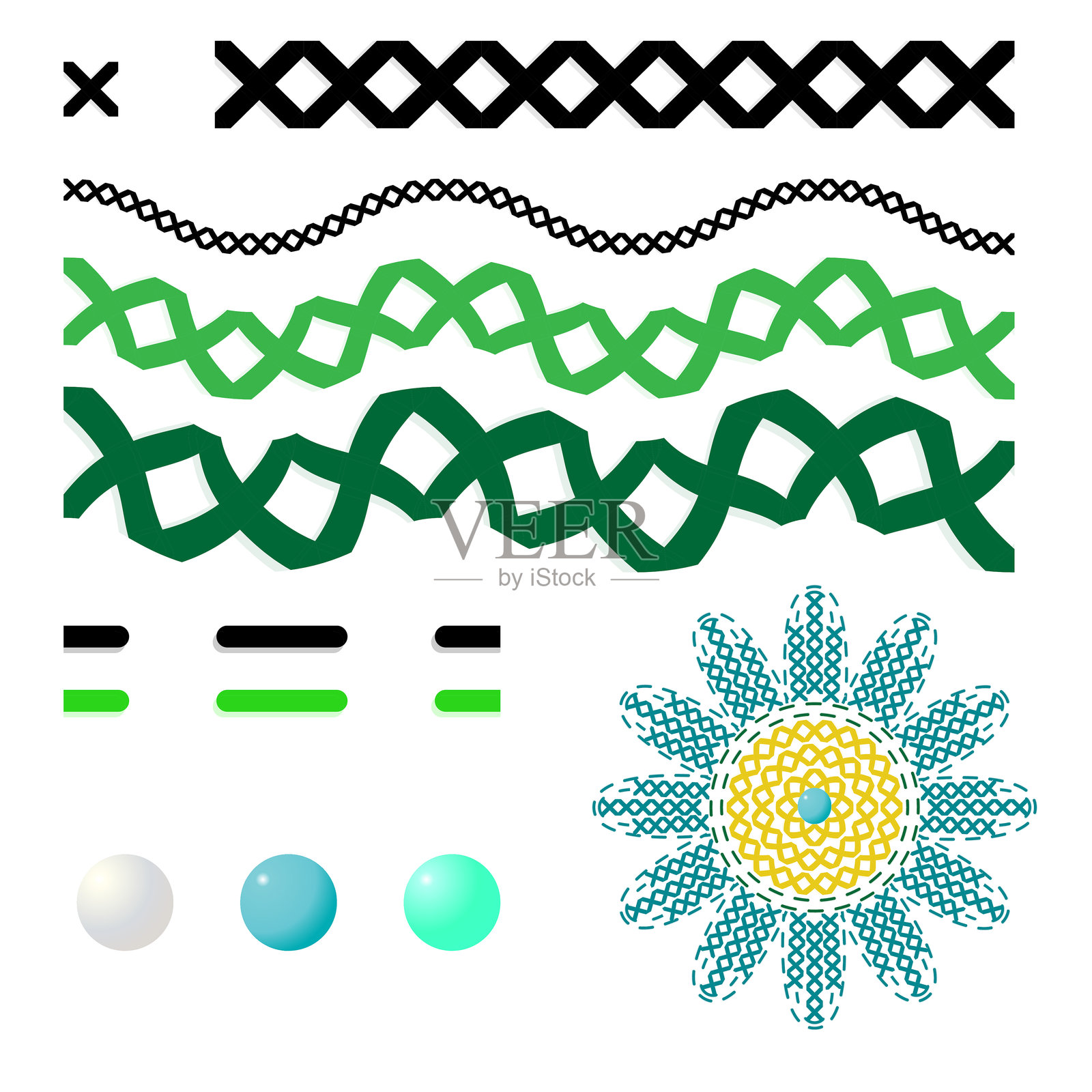 刺绣缝合元素 - 时尚技术插图的矢量画笔和边框插画图片素材