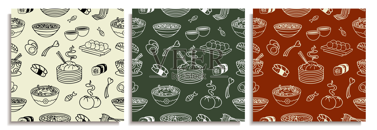 亚洲美食涂鸦和手绘图，图形线条艺术的菜肴和汤碗，寿司和烤包子，亚洲美食涂鸦图案，图形线条艺术的菜肴和汤碗，寿司、烤包子和饺子。插画图片素材