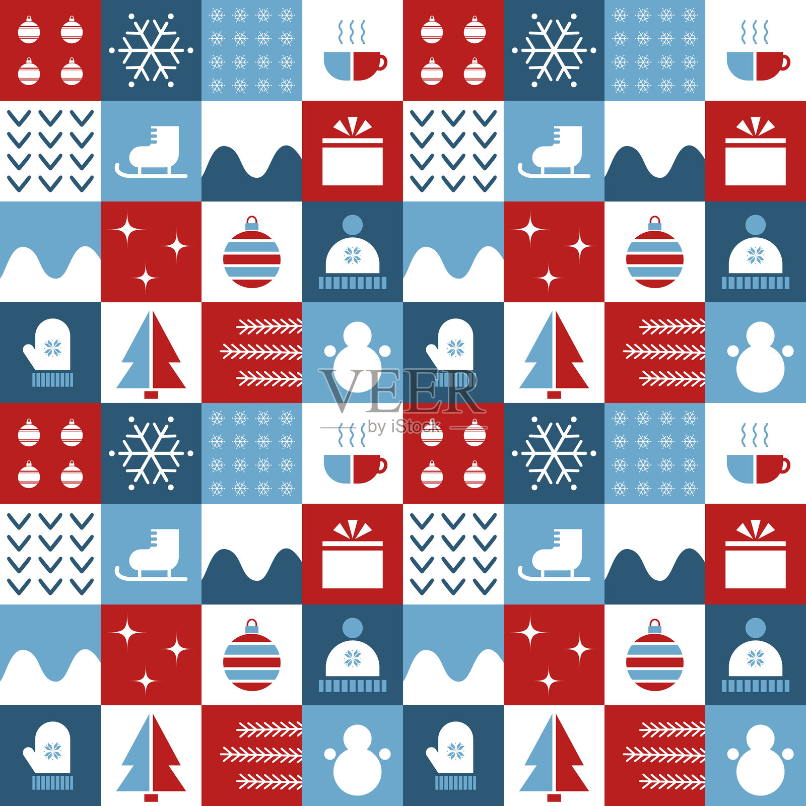 冬季几何方形图案。无缝棋盘印花，带有冬季元素。蓝色、红色和白色的圣诞抽象背景。插画图片素材