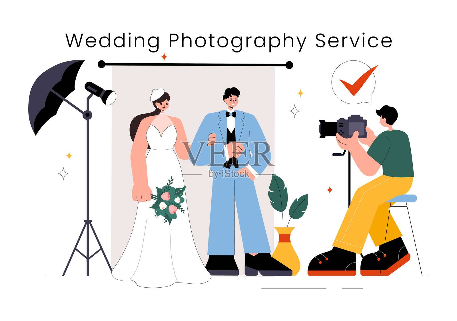 婚礼摄影服务矢量插图，展示新娘和新郎为摄影师拍摄的重要时刻而摆姿势。插画图片素材