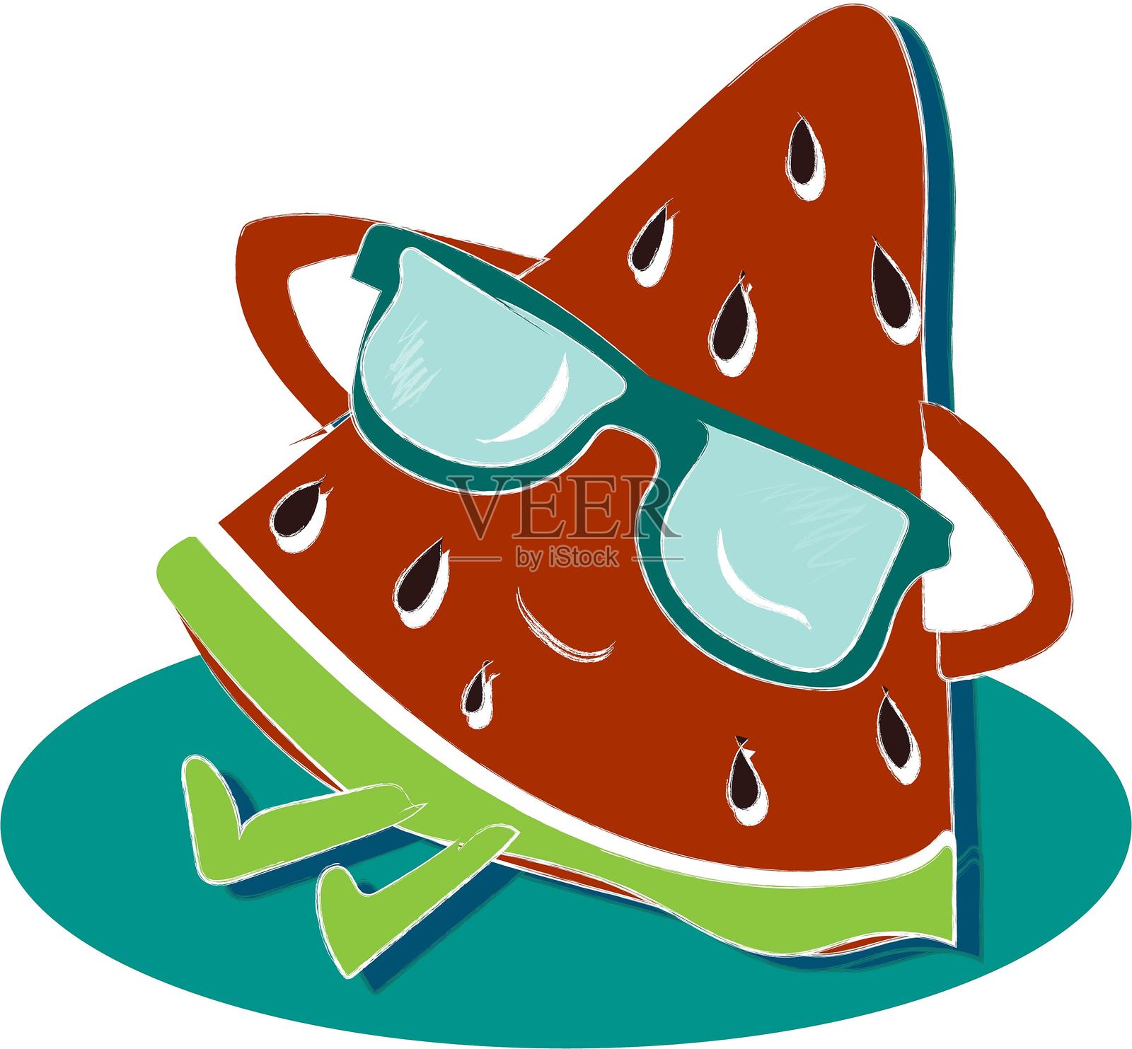 西瓜的插图。一个戴着太阳镜、放松的西瓜片角色插图。插画图片素材