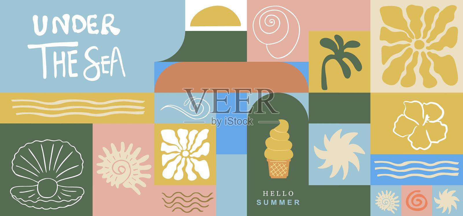 夏季几何横幅背景，包含贝壳、冰淇淋和花朵。适用于横向设计的图形。插画图片素材