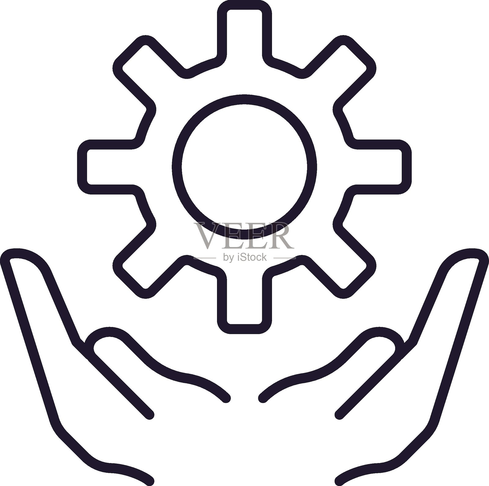 机制、设置、齿轮在开放的手上，可编辑的线条，适用于图形设计、网站、卡片、书籍、文章插画图片素材