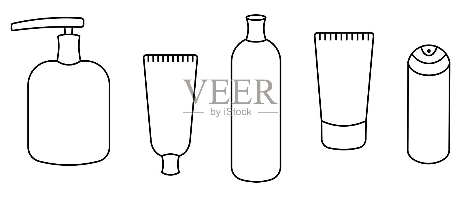 五瓶化妆品的套装 素描矢量插图 润肤霜、容器、剃须泡沫罐插画图片素材