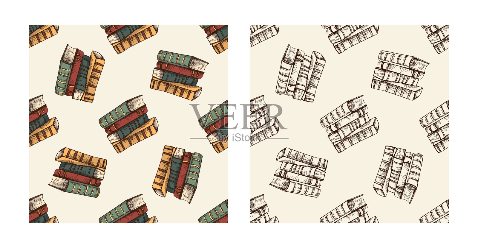 手绘复古风格的叠书无缝图案集，包括彩色和单色版本插画图片素材