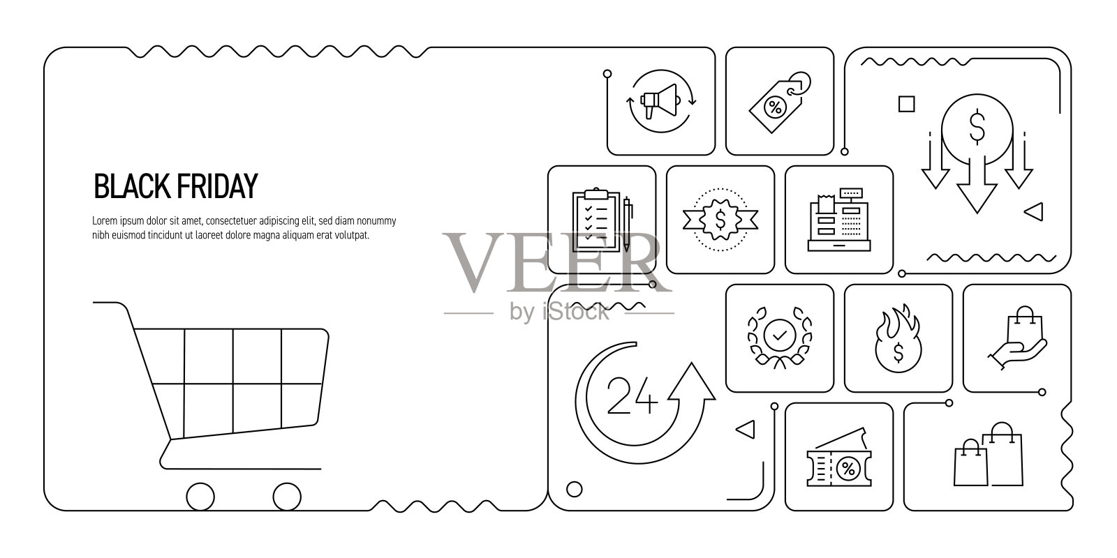 黑色星期五相关矢量插图。商店、在线购物、大折扣、购物活动。插画图片素材