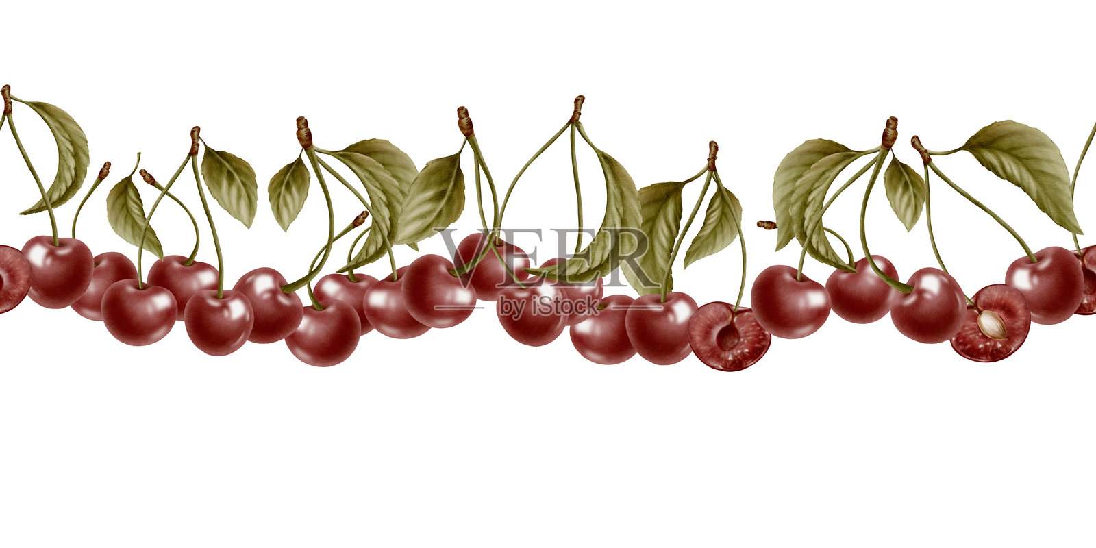 成熟的樱桃和切半的水果在细腻的枝条上形成无缝的水彩边框。手绘的叶子和多汁的质感为面料和包装创造了清新的夏季图案。插画图片素材