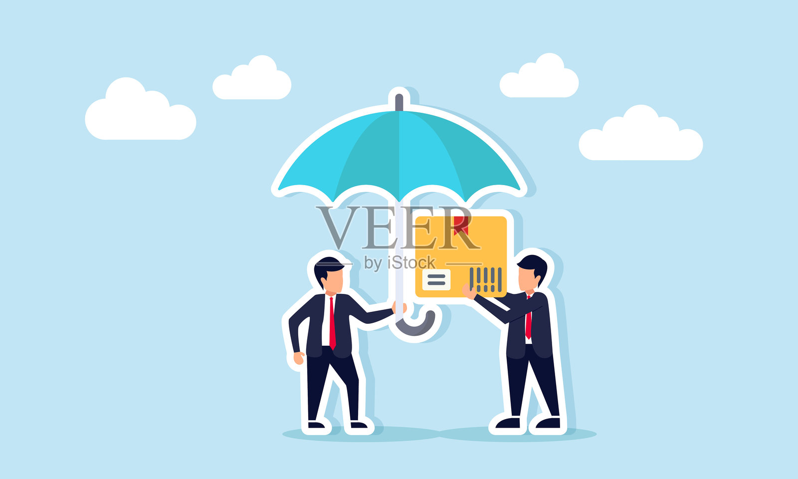 商人撑着伞保护另一位手持包裹的商人，展示物流行业中的保险概念插图插画图片素材