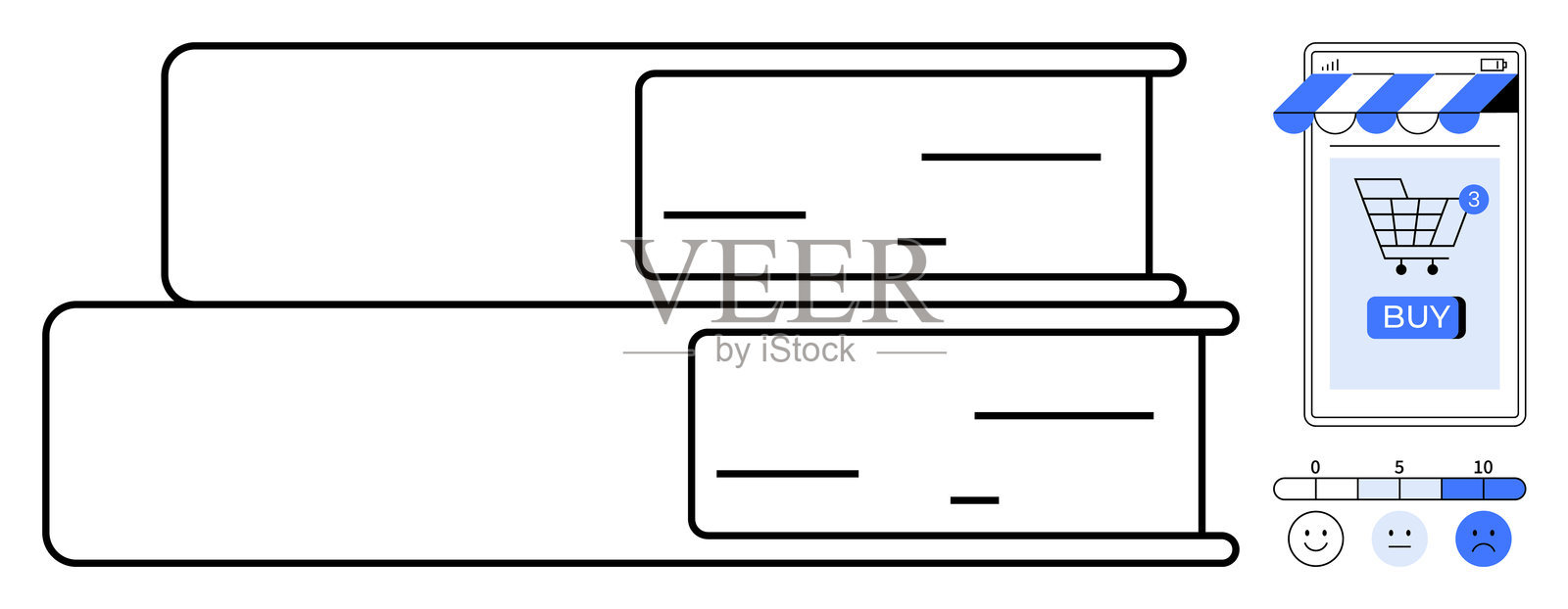 在线书店，书籍堆叠与移动购物车及评分系统插画图片素材