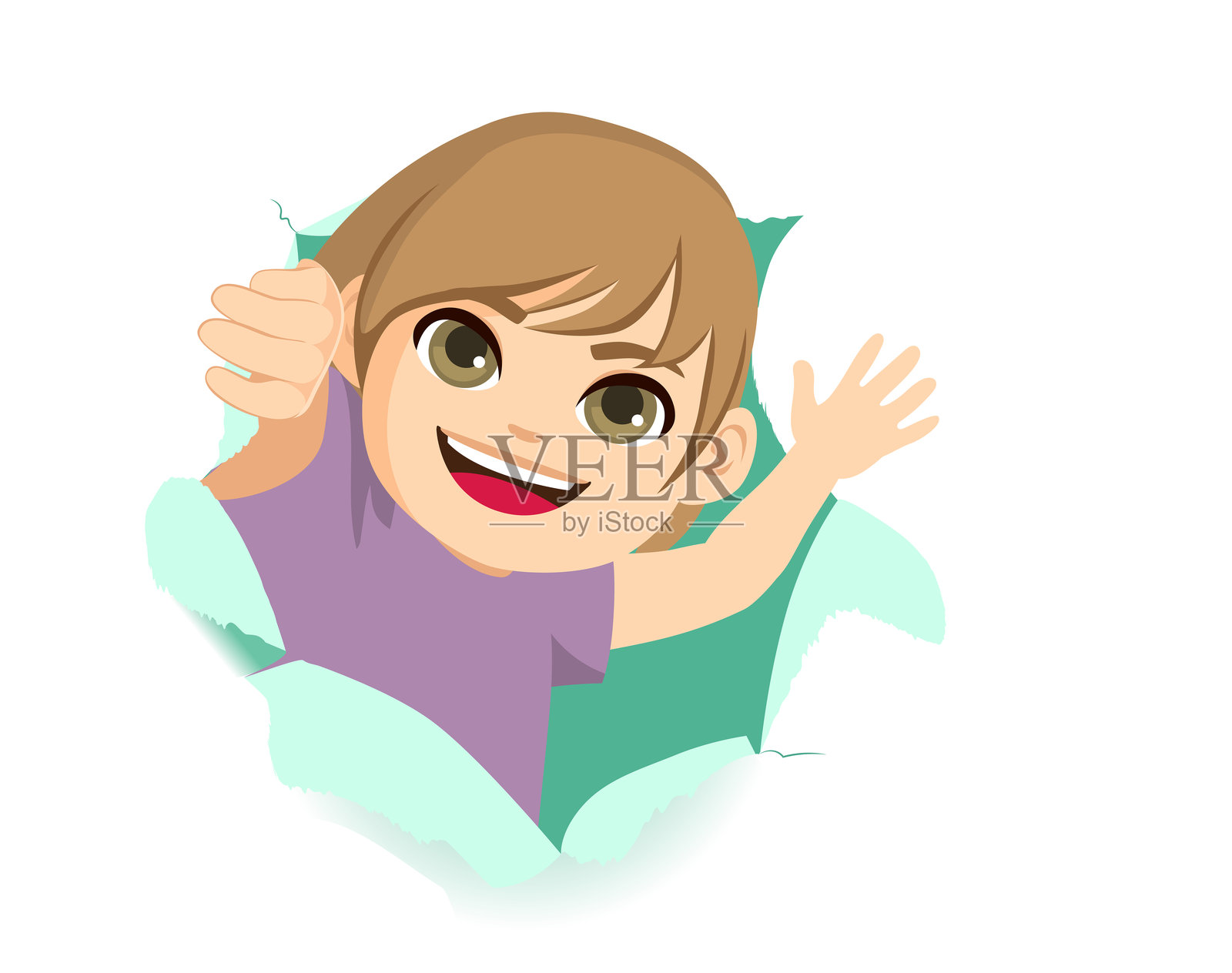 男孩通过纸孔挥手插画图片素材