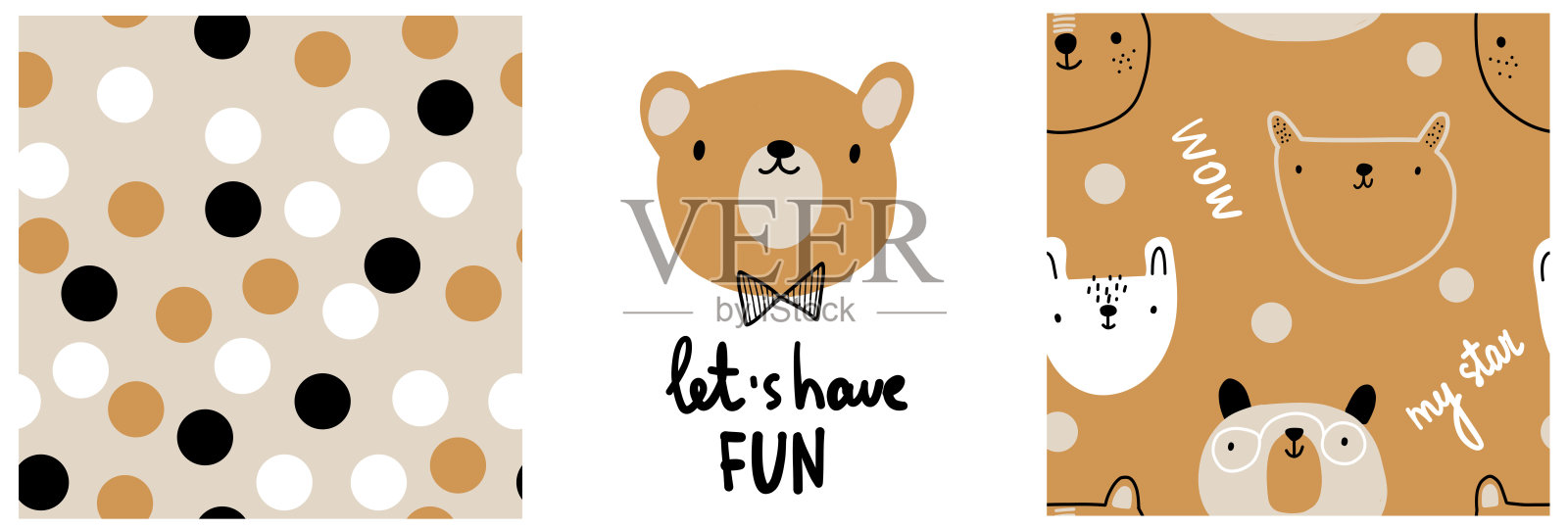 可爱的熊极简几何波西米亚风格无缝图案，森林木地背景，适用于服装、服饰和纺织品。插画图片素材