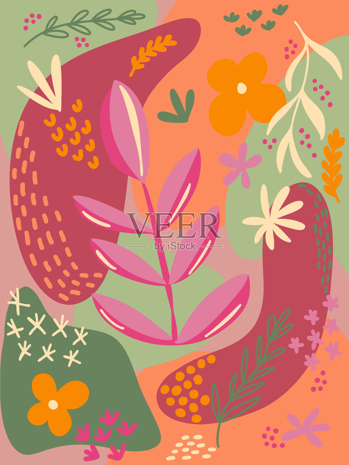 现代抽象海报，带有花卉元素和几何形状。抽象背景。插画图片素材