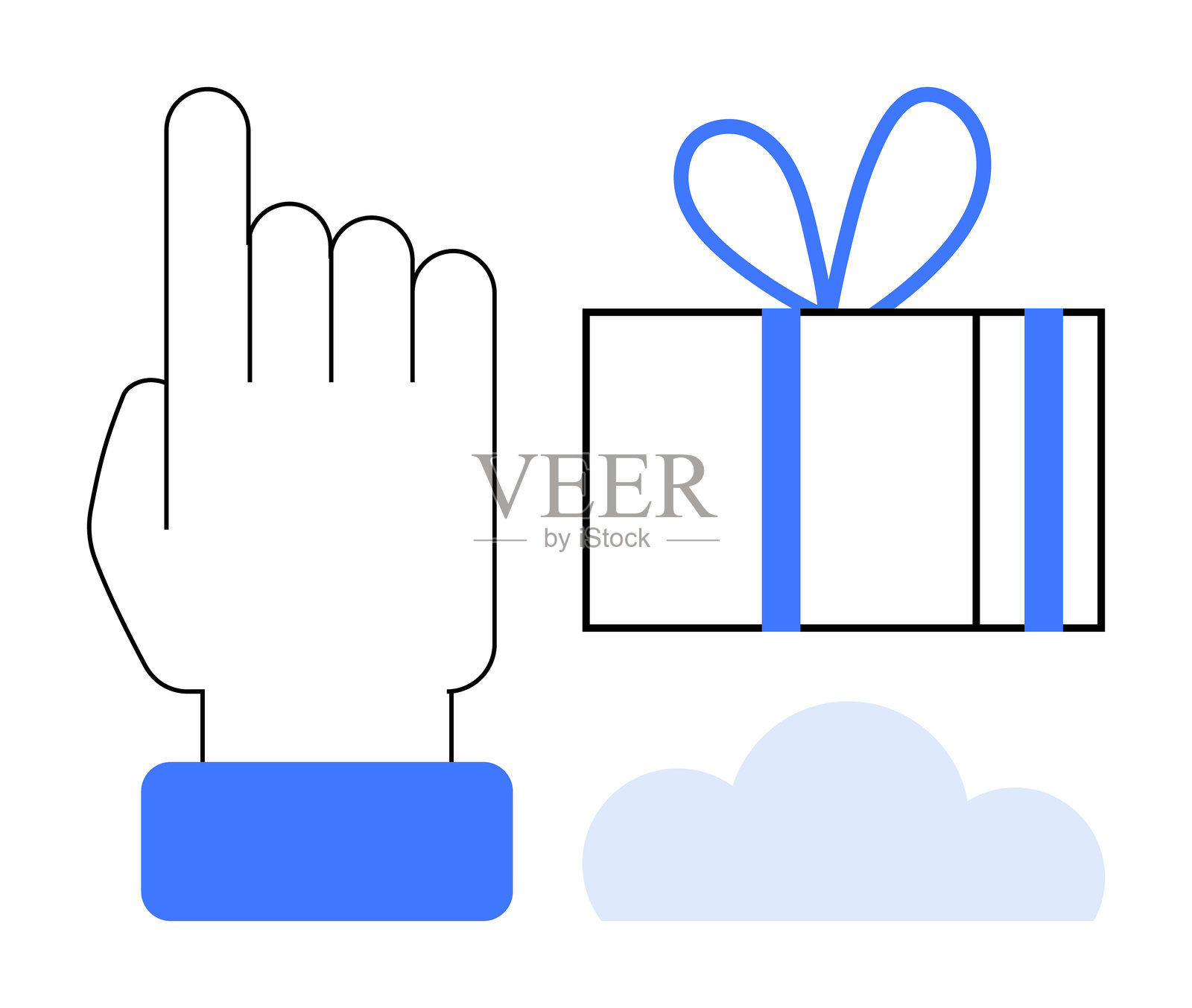 手指指向一个带蓝色丝带的礼物盒旁边的手势和一朵云插画图片素材
