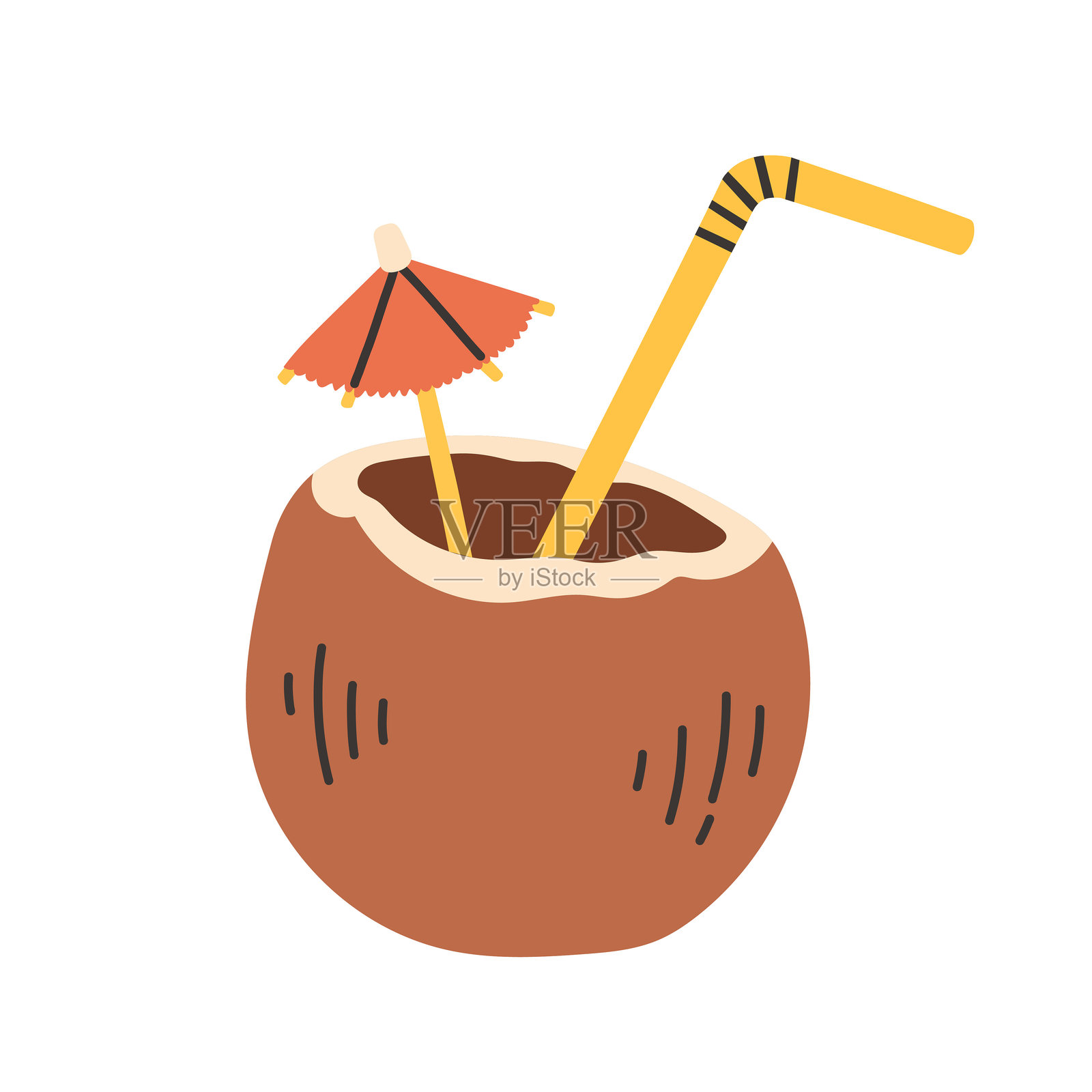 可爱的手绘椰子，配有吸管和伞。简单的平面矢量插图，背景为白色。插画图片素材