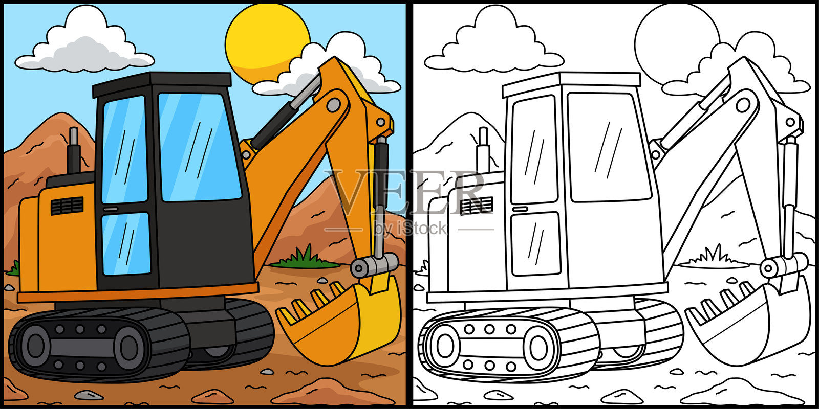 建筑挖掘机涂色页插图插画图片素材