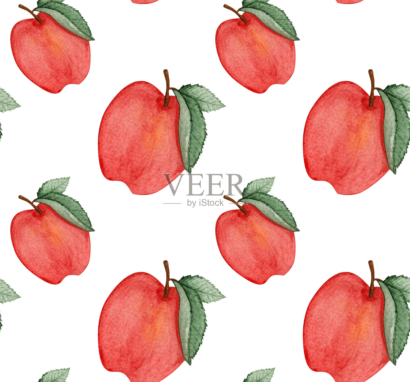 无缝水彩图案，特色红苹果与叶子。非常适合秋季、自然、水果、厨房和季节性设计，适用于面料、壁纸、文具和家居装饰。插画图片素材