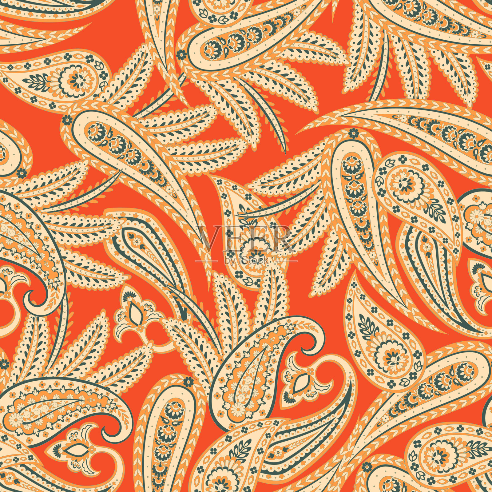 基于传统亚洲元素的无缝图案，佩斯利。传统多彩的无缝佩斯利矢量图案。适用于纺织设计或面料的图案。时尚精致的设计。插画图片素材