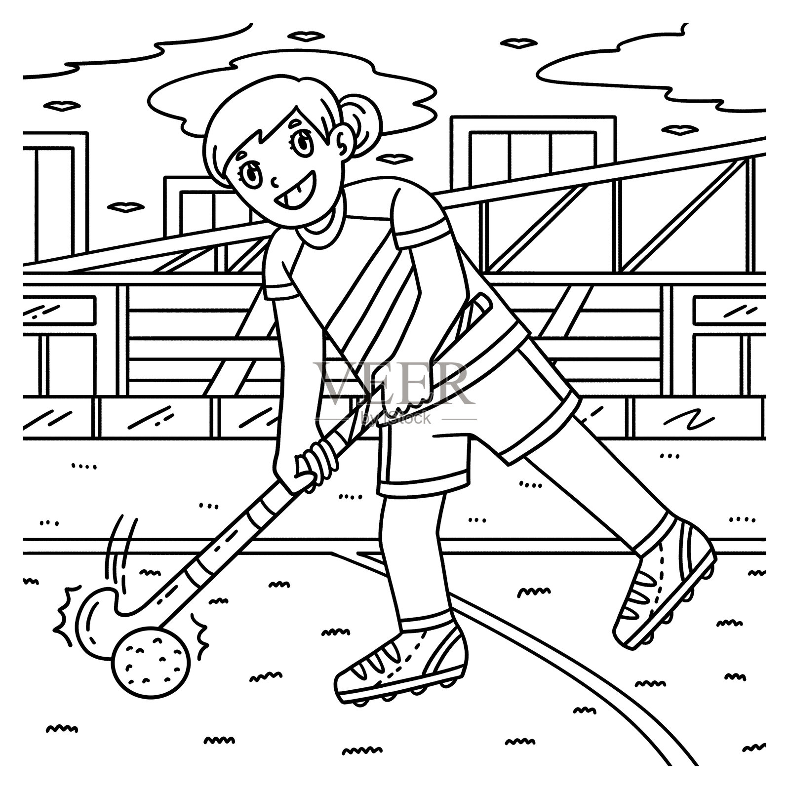 女子曲棍球运动员引导球的上色插画图片素材