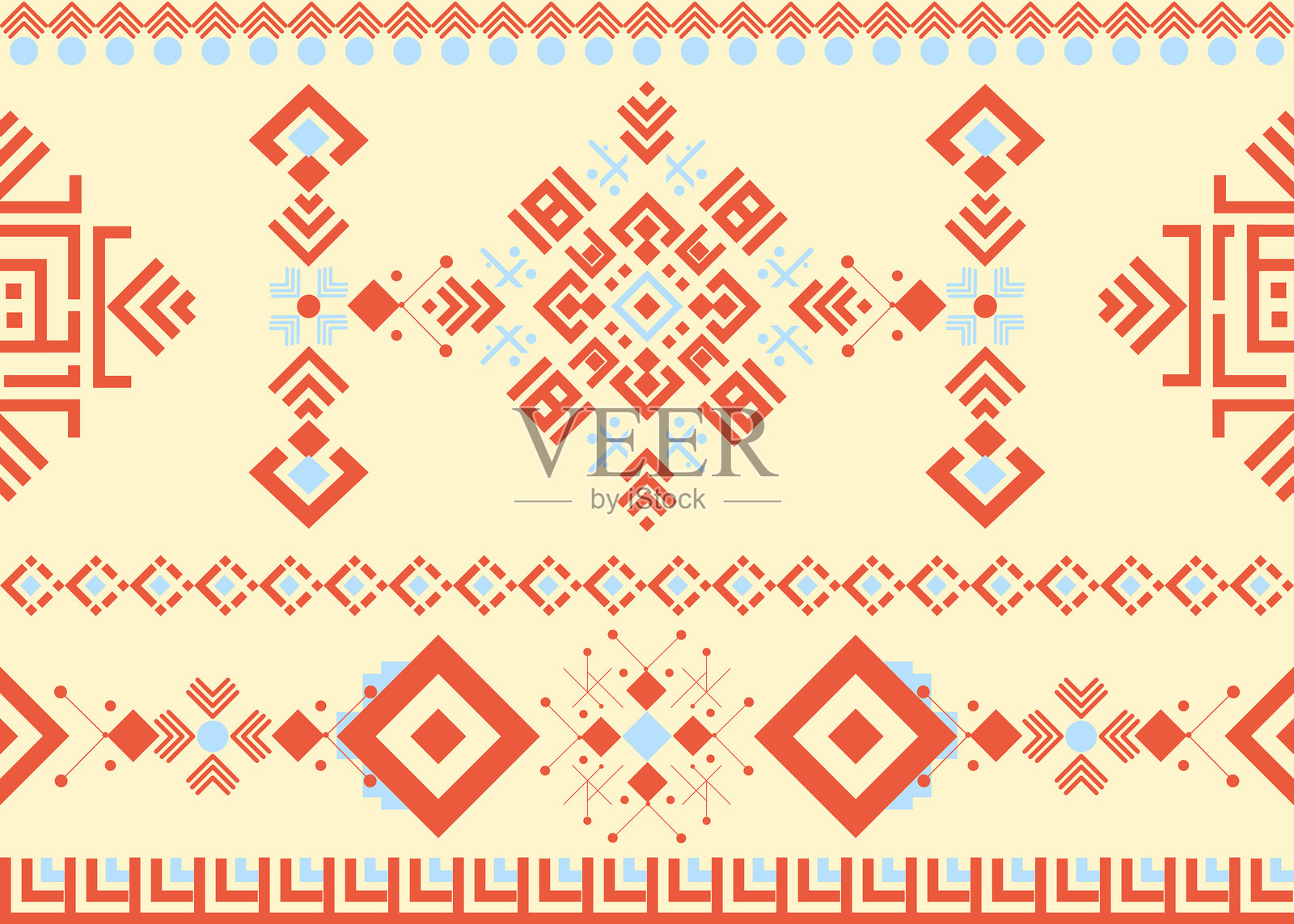 夏季色彩组合突显了美洲原住民部落织物和瓷砖上的几何民族图案插画图片素材