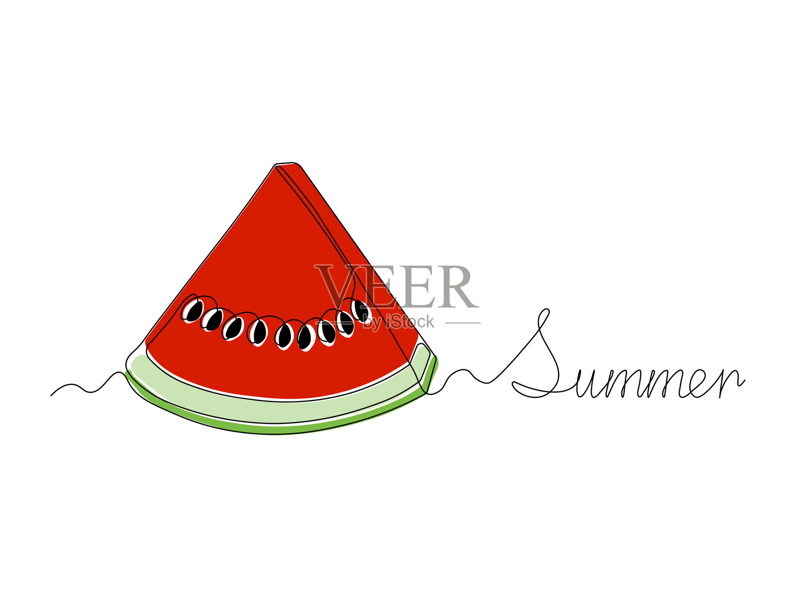 夏季明信片，带有文字和西瓜，连续单线艺术手绘草图标志插画图片素材