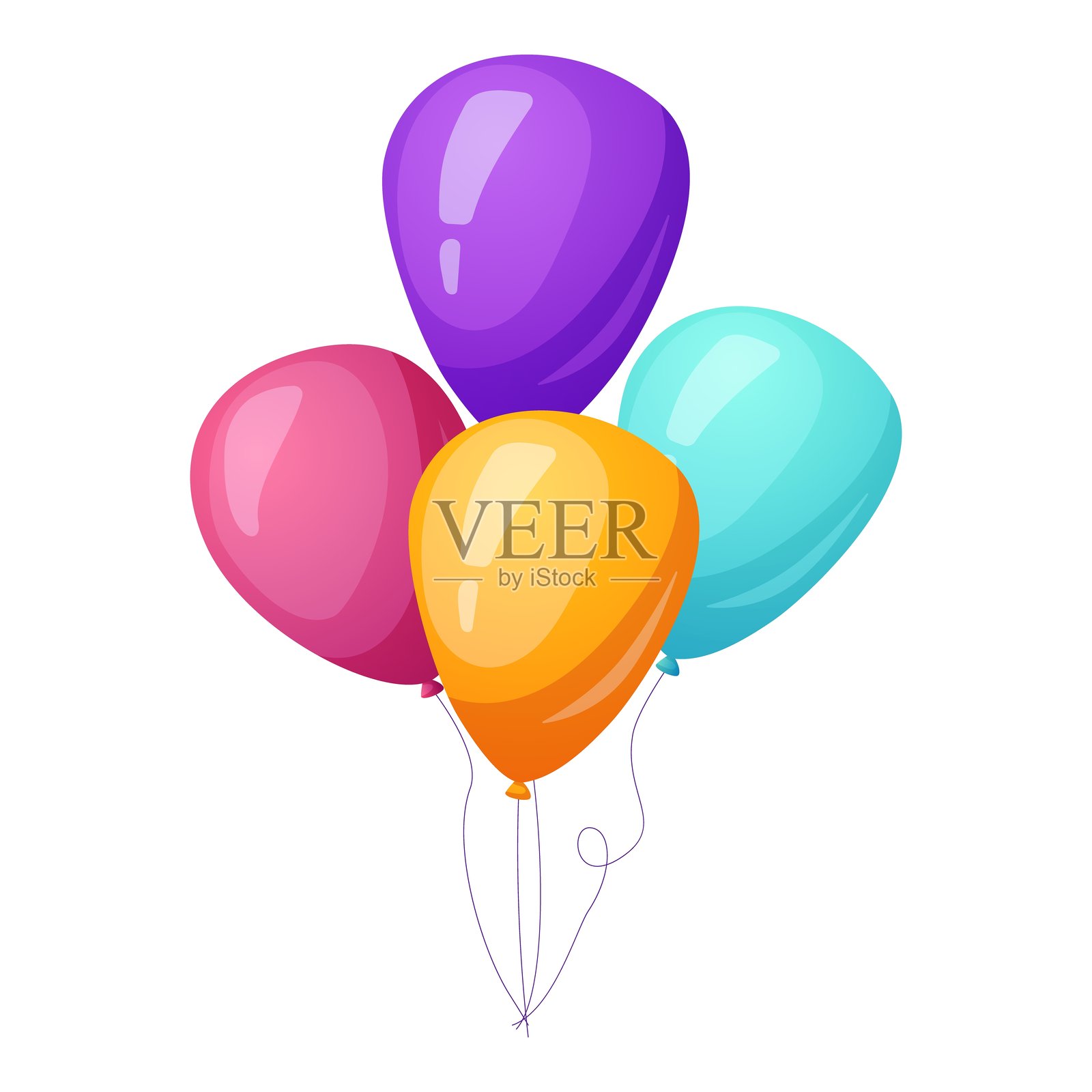 五彩缤纷的光泽气球组合。紫色、红色、黄色和蓝色的氦气球的真实矢量插图。非常适合生日、庆祝、贺卡和节日设计。插画图片素材