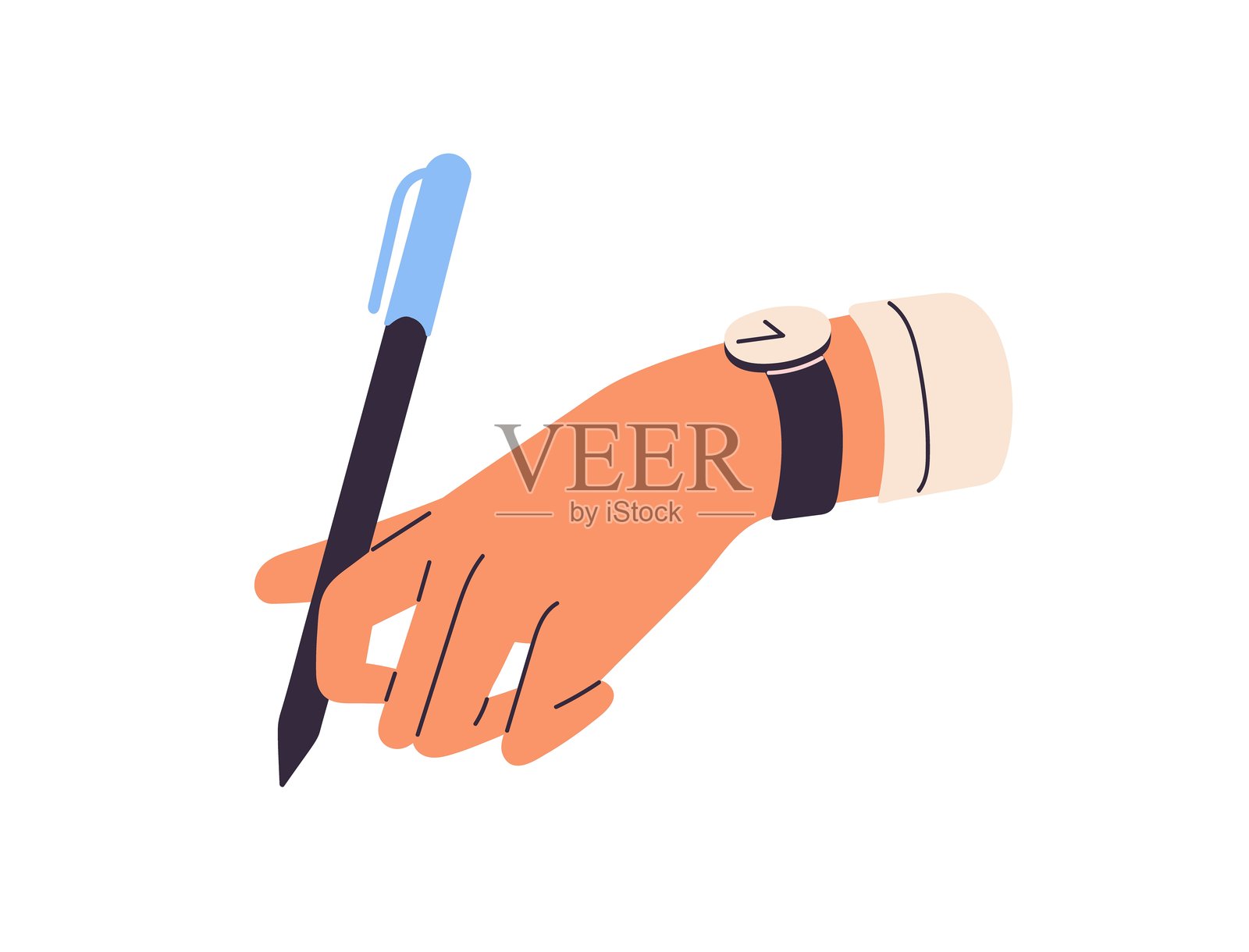 人手佩戴手表，使用钢笔书写和签名。手腕上的手表握着机械铅笔，做笔记。办公用品，文具。白色背景上的平面孤立矢量插图。插画图片素材