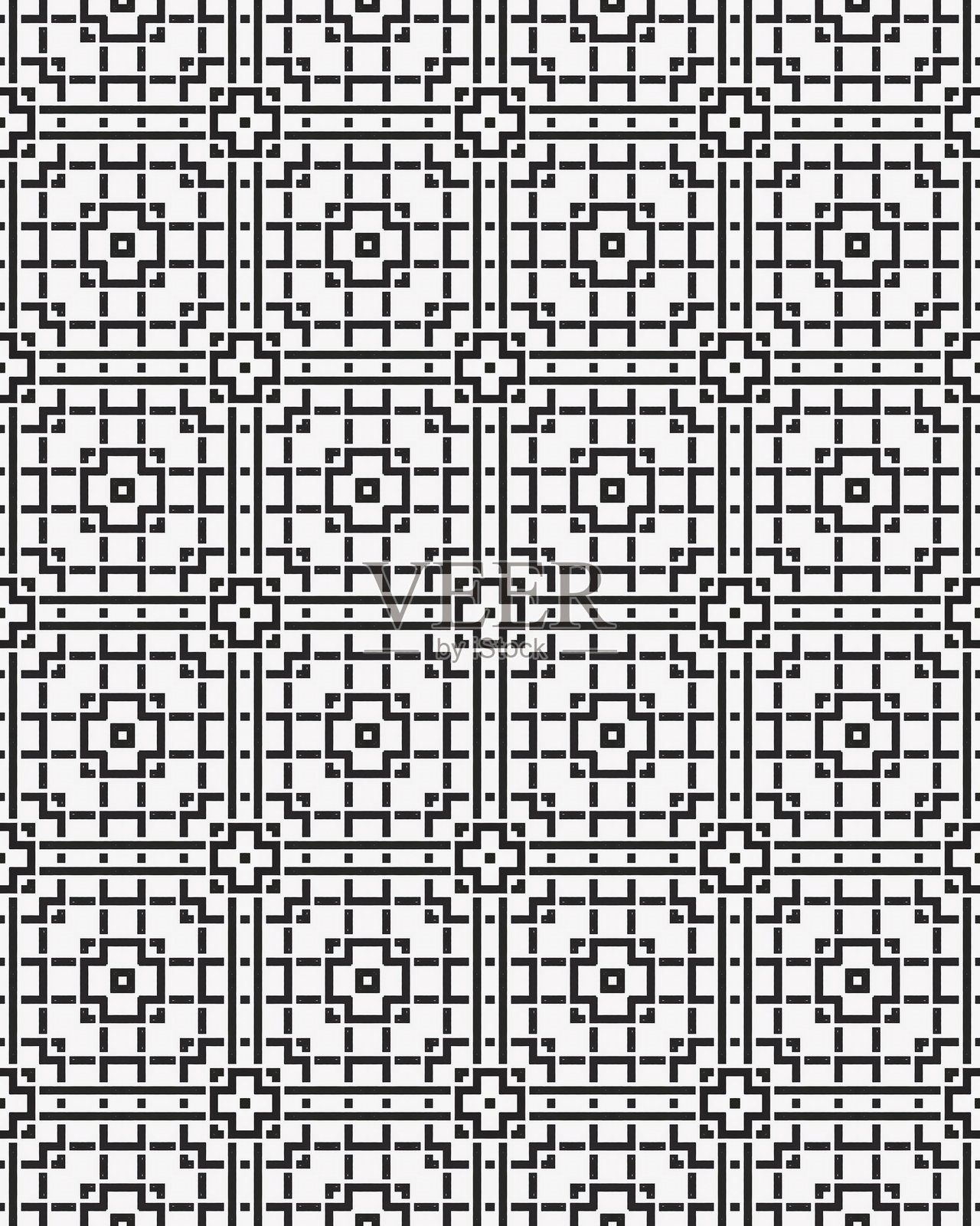 复杂的几何设计由黑色线条构成，形成重复的方形图案，非常适合用于纺织品或背景。插画图片素材