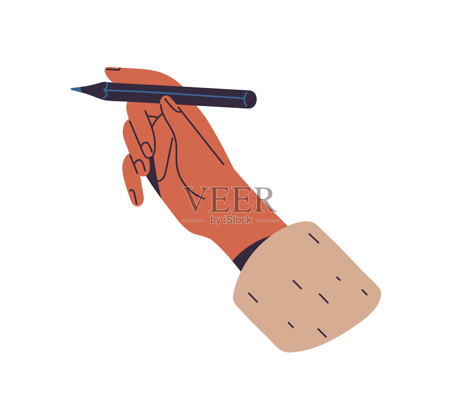 黑色女性手握着铅笔写字，做笔记。人手用蜡笔绘画。手臂拿着书写文具，办公用品。白色背景上的平面孤立矢量插图。插画图片素材