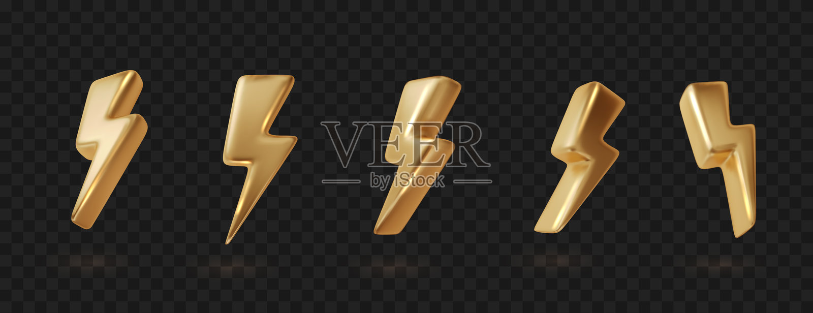 金属金色闪电矢量图,孤立于黑色背景.雷电图标象征能量与危险