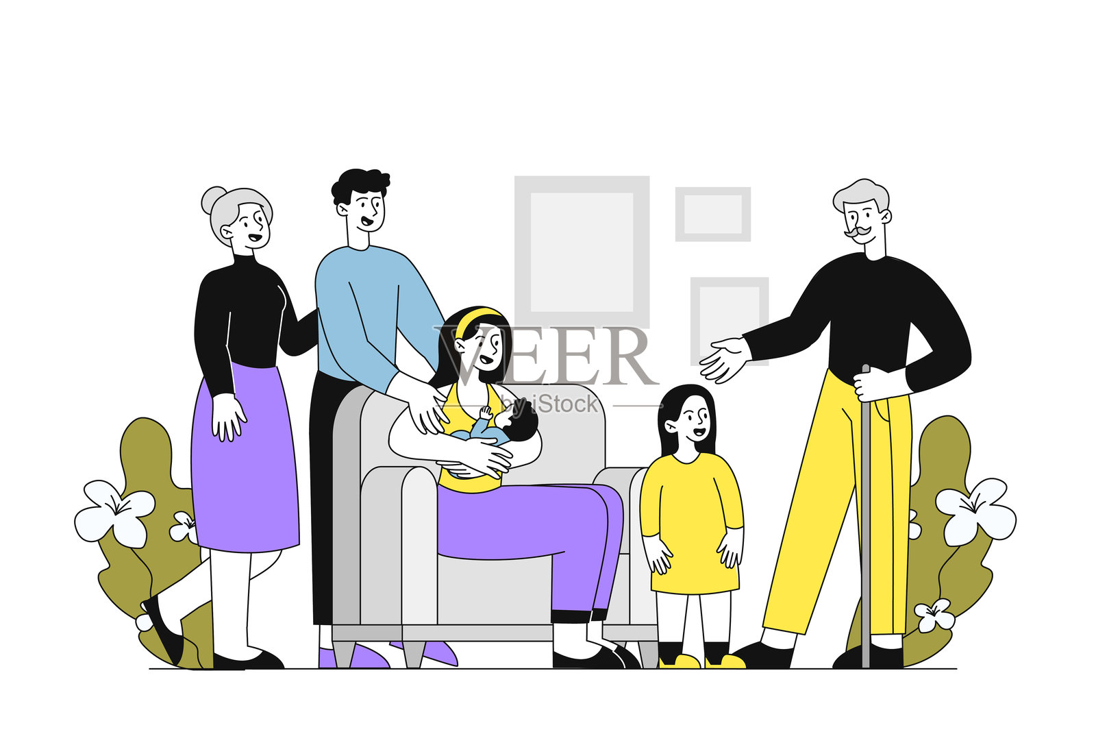 大家庭在家中。祖母、祖父、父亲和母亲与女儿和儿子。幸福的大家庭一起度过时光。兄弟姐妹，夫妻。线性矢量插图插画图片素材