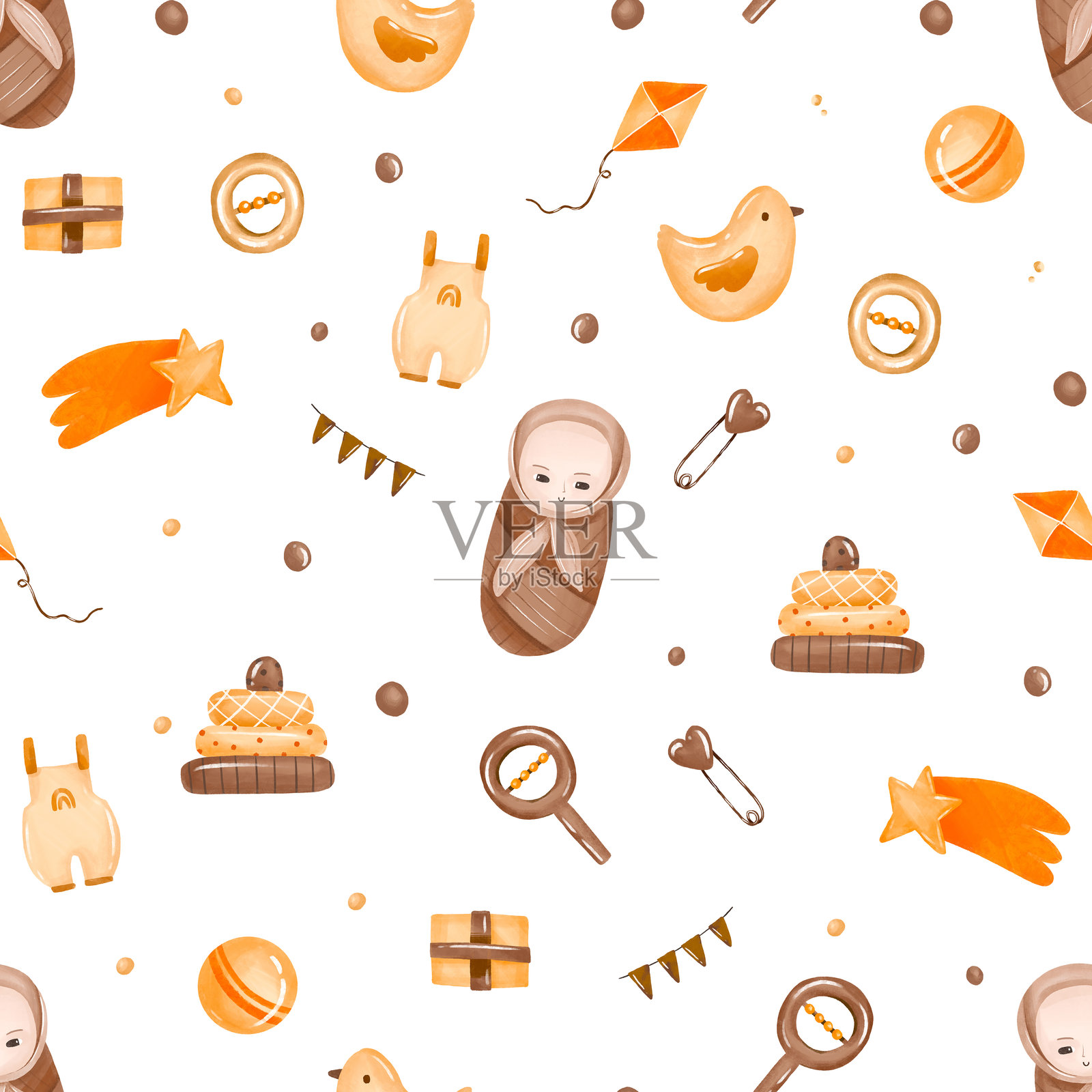 中性别婴儿图案。新生儿，带有玩具、婴儿、旗帜、衣物和小鸭子的出生背景。适合女孩和男孩。婴幼儿。插画图片素材